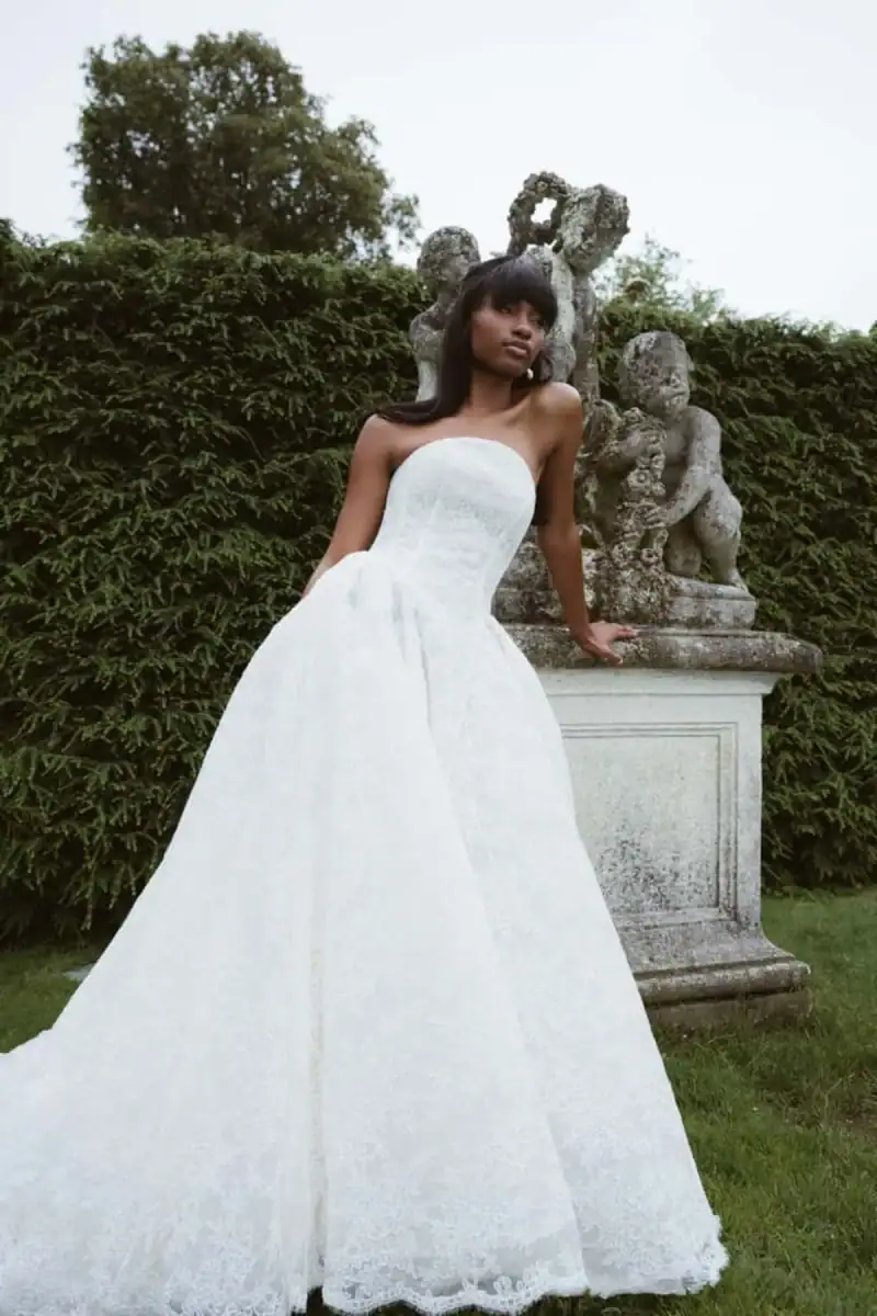 Lace ball gown with drop waist and rounded neckline
