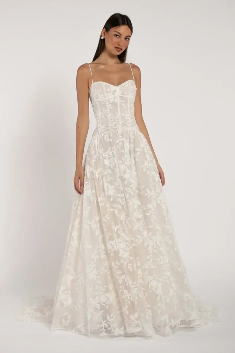 full front of jenny yoo emma nude lace a-line wedding dress with a floral print and strapless sweetheart neckline