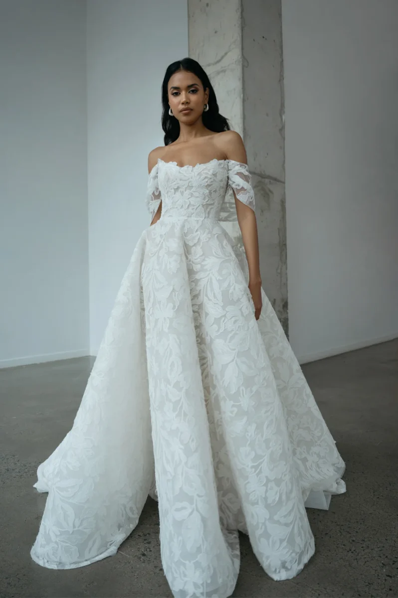 jenny yoo ball gown with off the shoulder straps and floral print