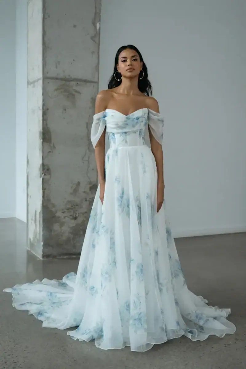 jenny yoo hazel arden a-line wedding dress with blue floral print