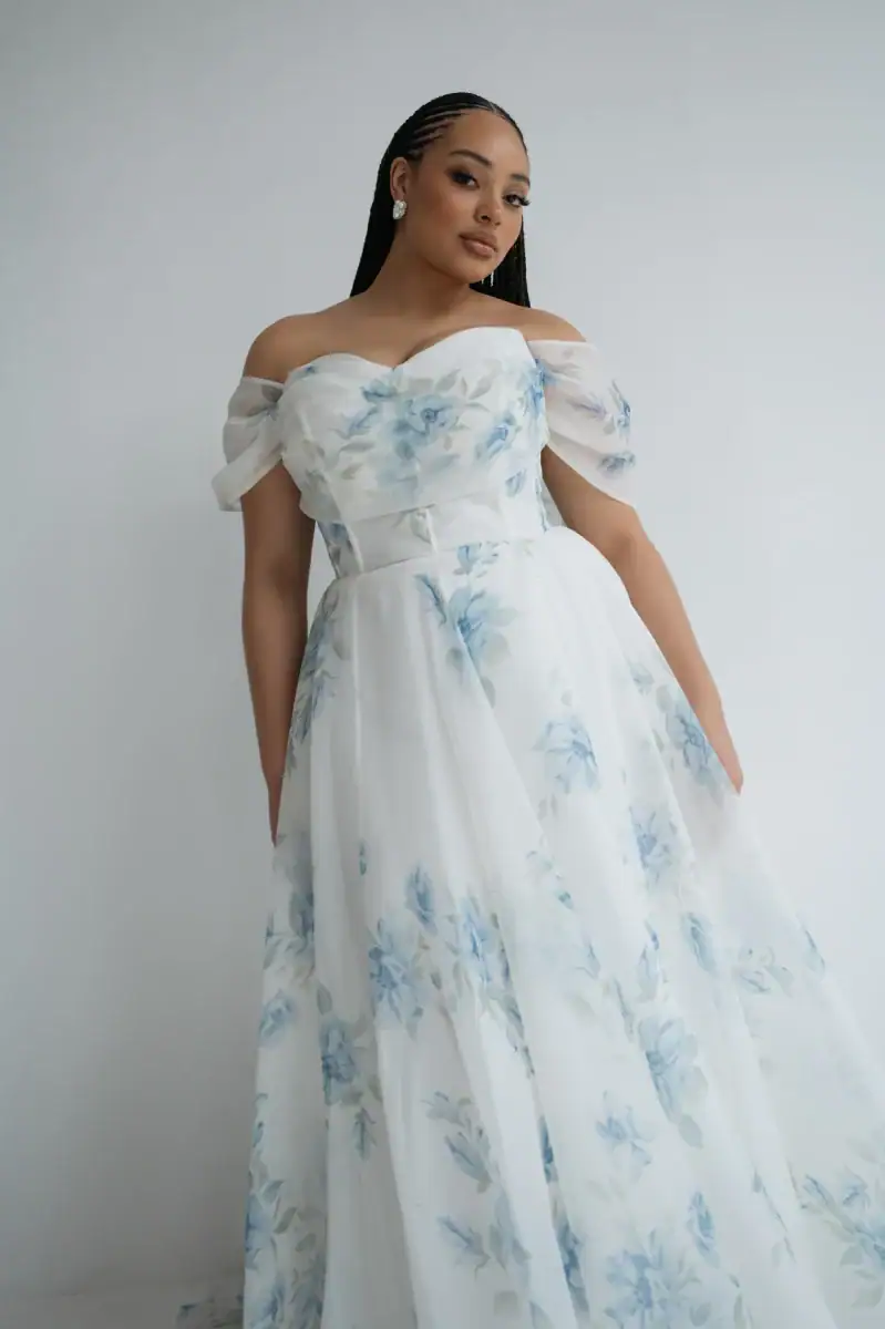 jenny yoo hazel arden blue printed wedding dress with off-the-shoulder straps