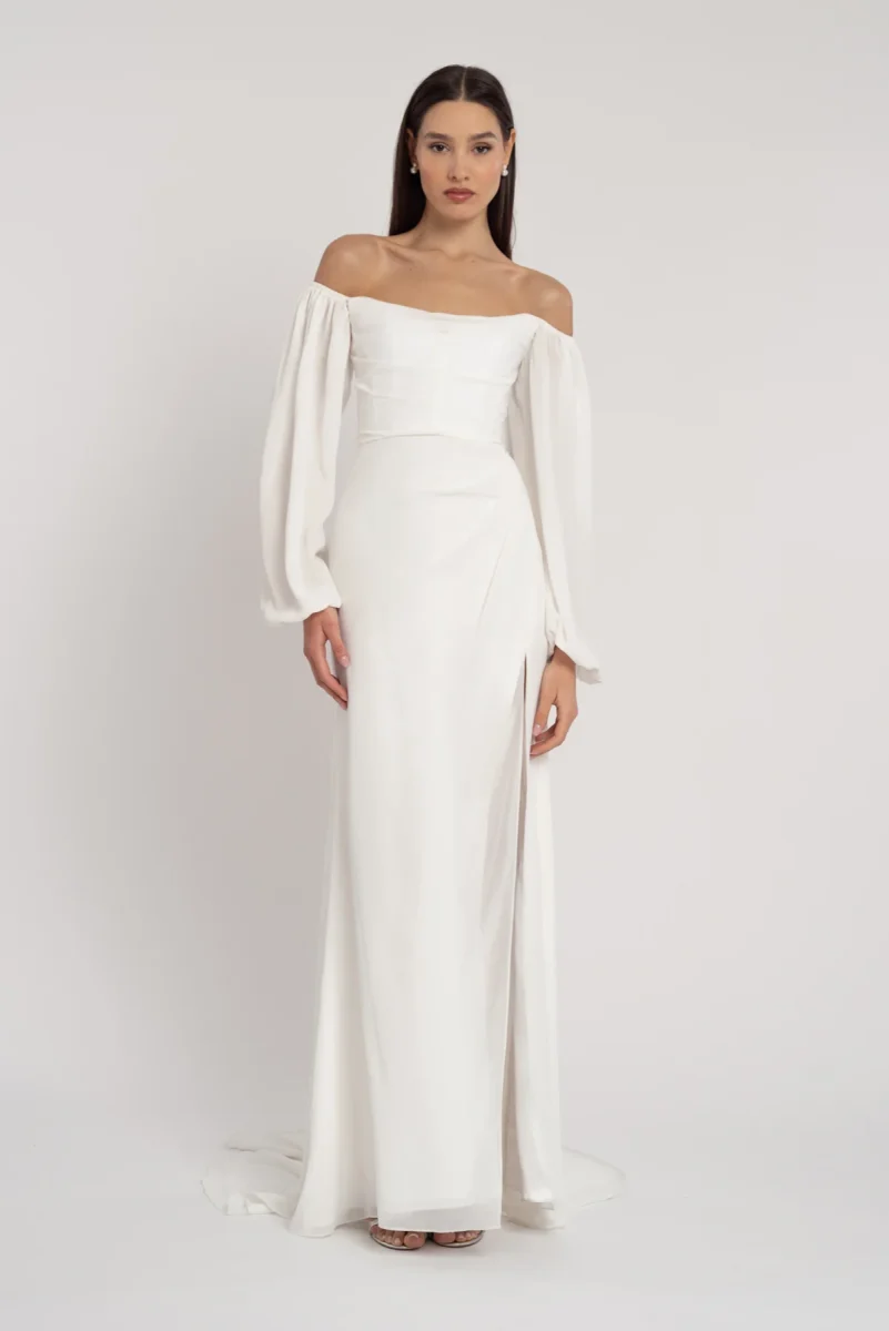 jenny yoo slim wedding dress with off the shoulder long sleeves