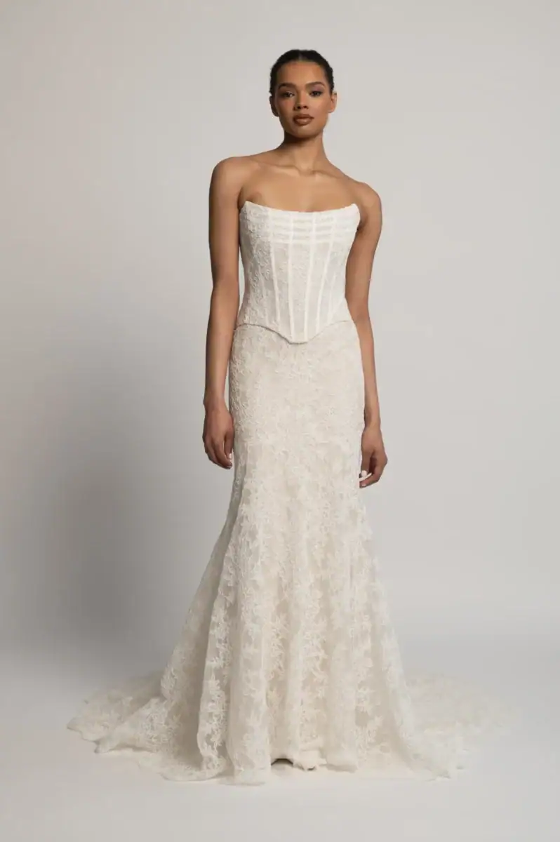 full front of jenny yoo ida ivory lace fitted wedding dress with a basque waist and strapless neckline
