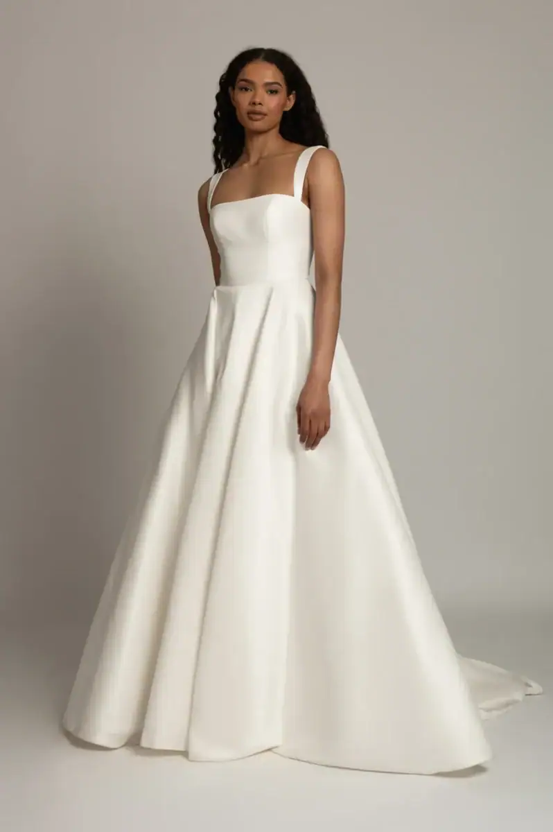 full front of jenny yoo lombard ivory silky a-line wedding dress with a square neckline