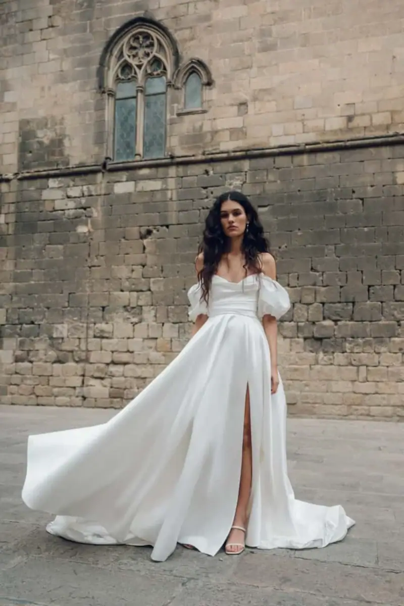 Silky ball gown wedding dress with puffed off the shoulder sleeves
