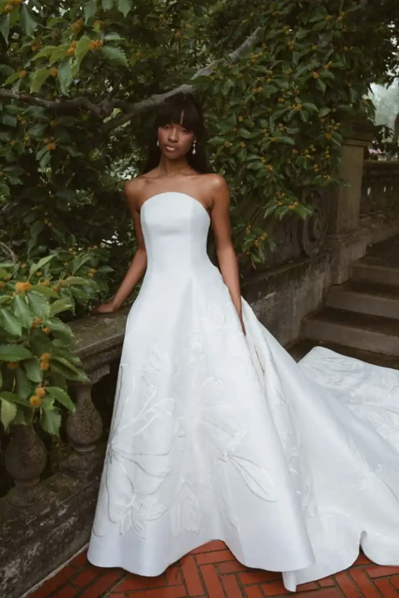 Floral printed ball gown with rounded strapless neckline