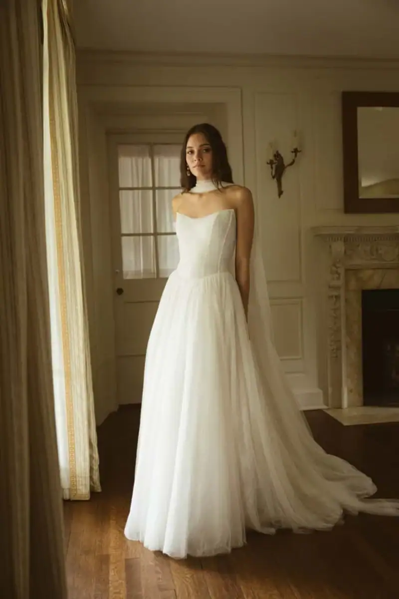 Tulle A-line wedding dress with basque waist and matching neck scarf