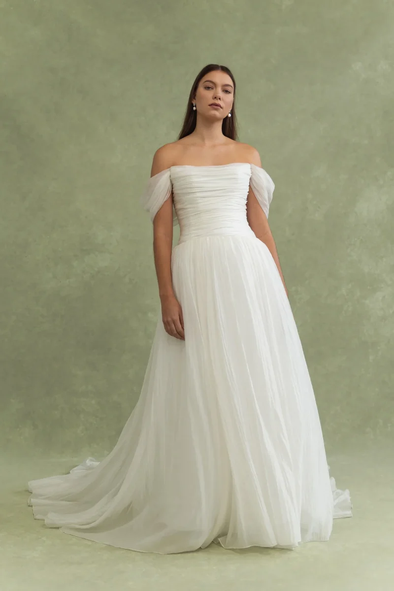 jenny yoo a-line wedding dress with drop waist and off the shoulder neckline