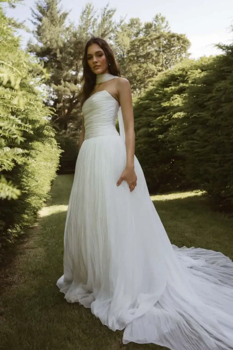 Tulle ball gown with drop waist and matching neck scarf