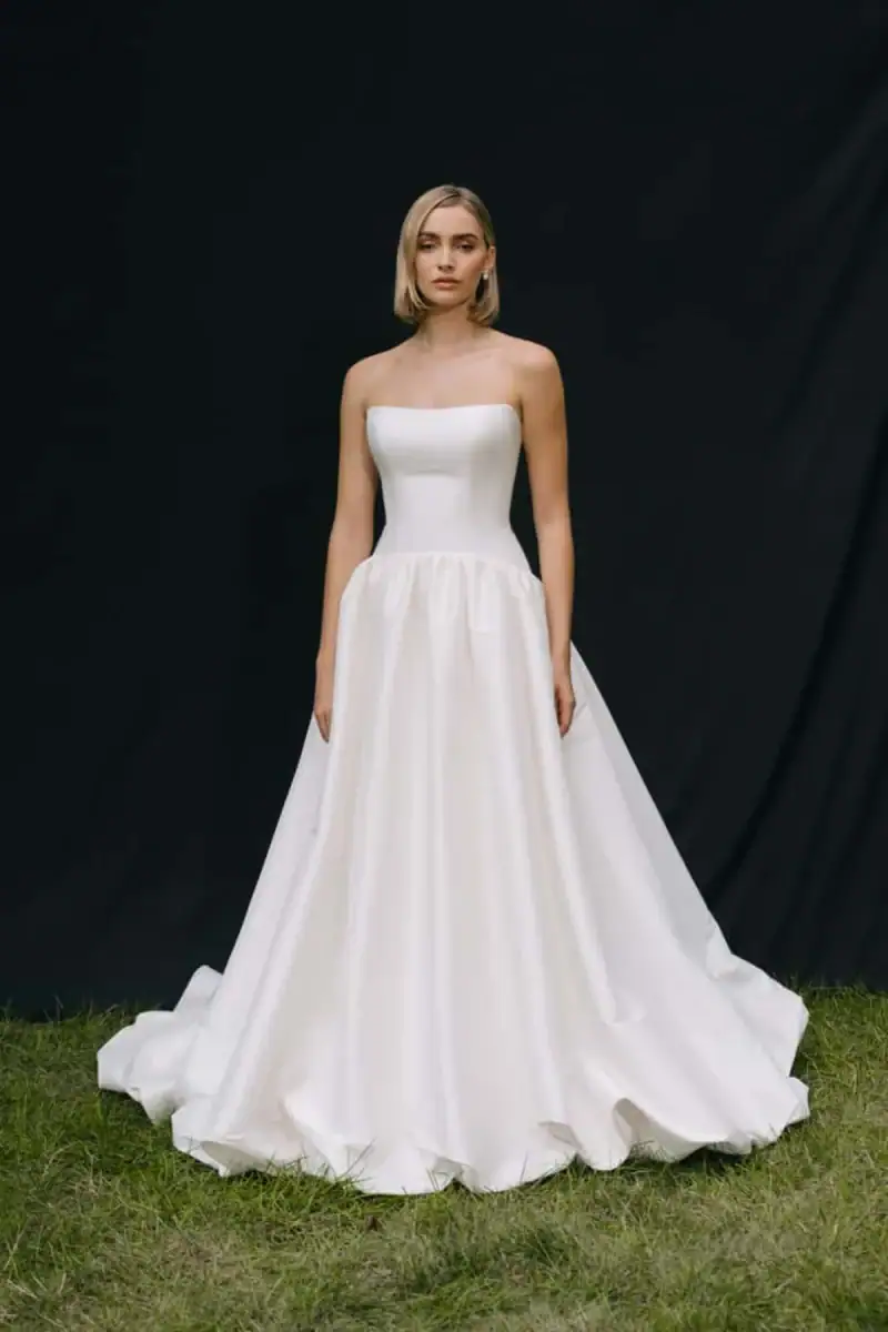 jenny yoo ball gown wedding dress with drop waist and strapless bodice