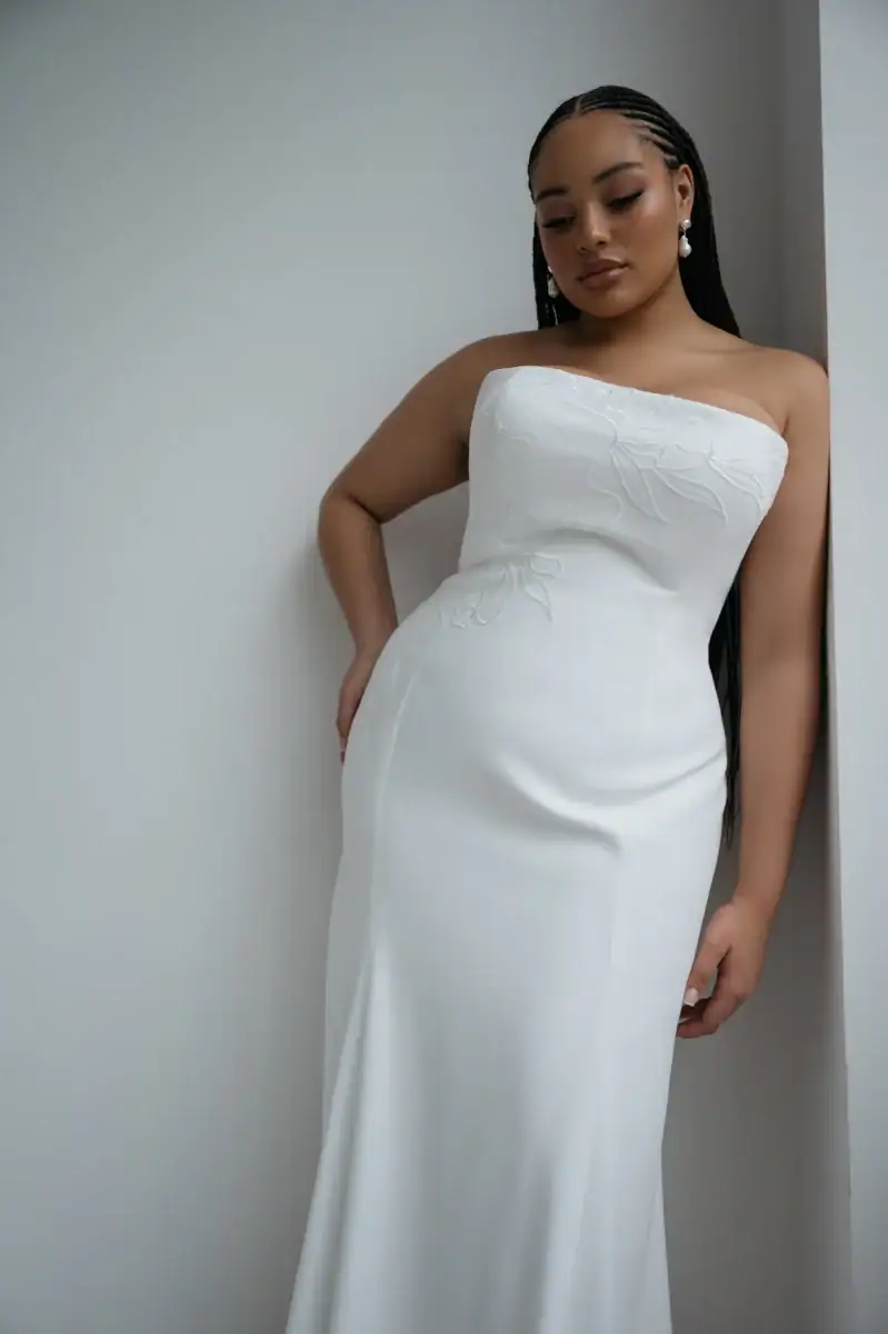 jenny yoo tricia strapless sheath wedding dress with floral embroidery