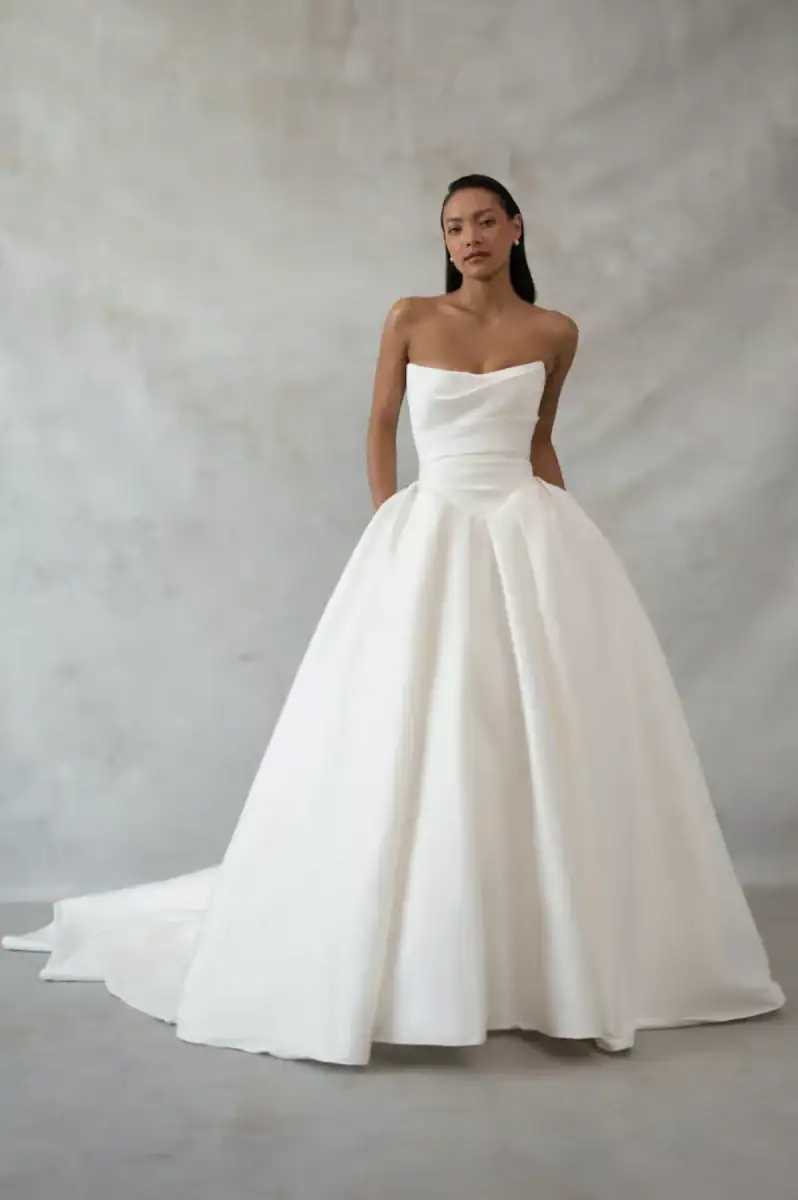 jenny yoo ball gown with basque waist and ruched bodice