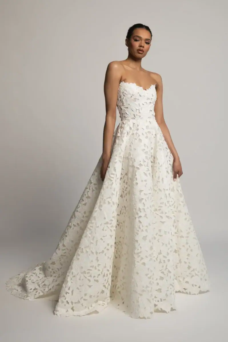 full front of jenny yoo magdalena ivory lace ball gown wedding dress with a strapless sweetheart neckline
