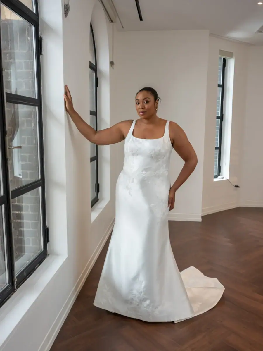 full front of kelly faetanini clara ivory sheath wedding dress with a square neckline