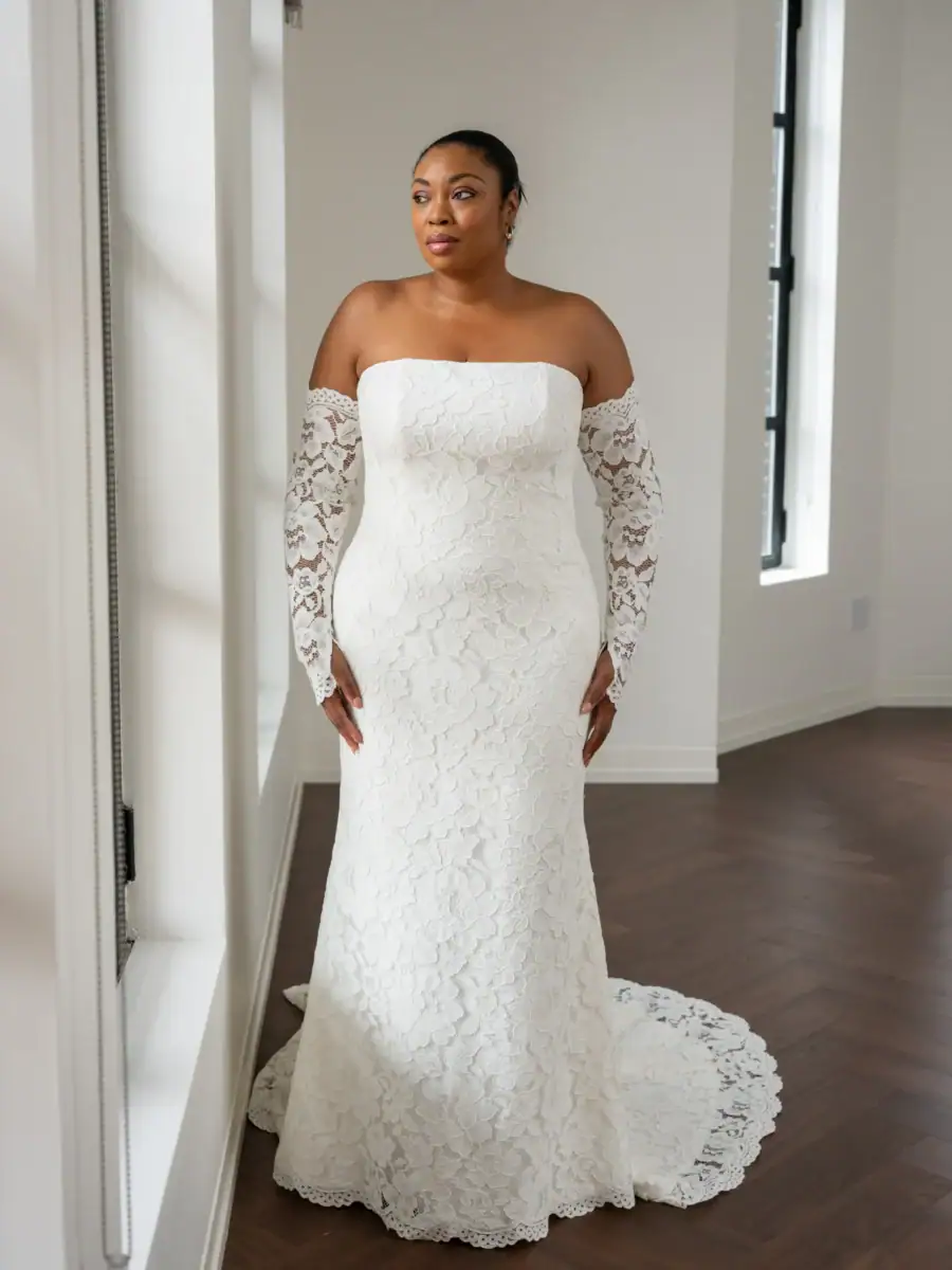full front of kelly faetanini electra ivory fitted wedding dress with matching long sleeves