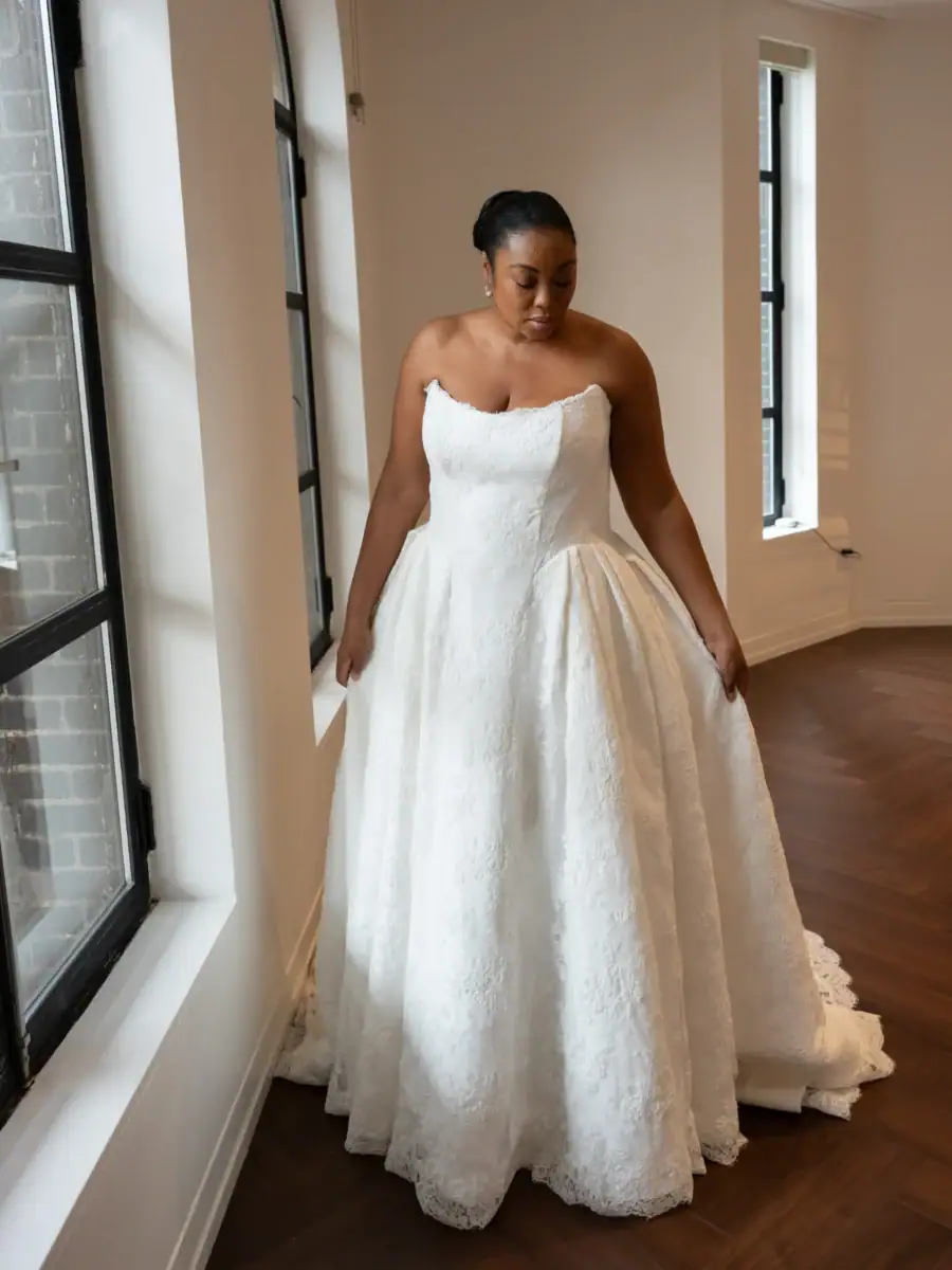 full front of kelly faetanini rhylan ivory ball gown wedding dress with a strapless scoop neckline and full skirt