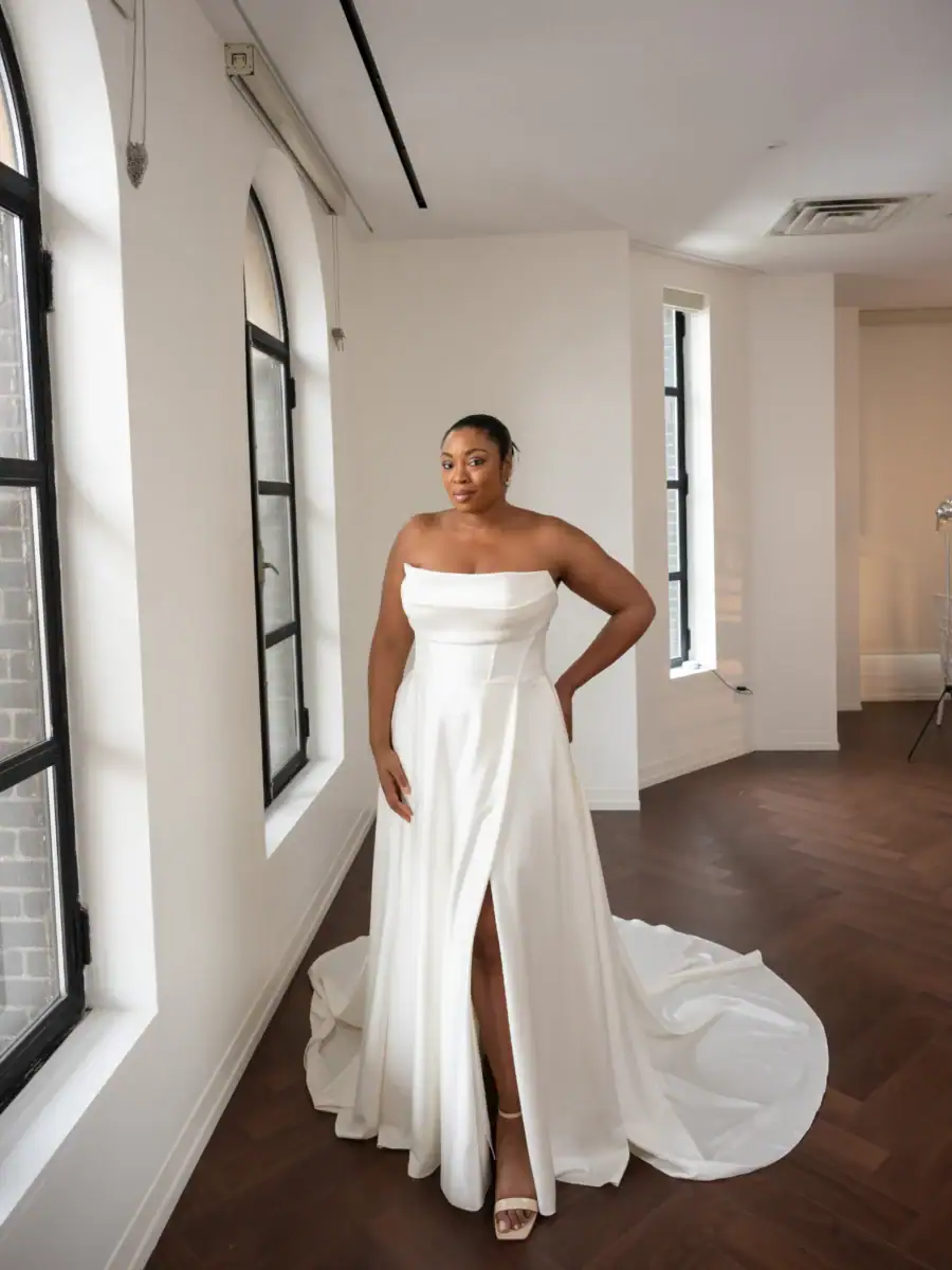 full front of kelly faetanini saint ivory a-line wedding dress with a strapless straight neckline