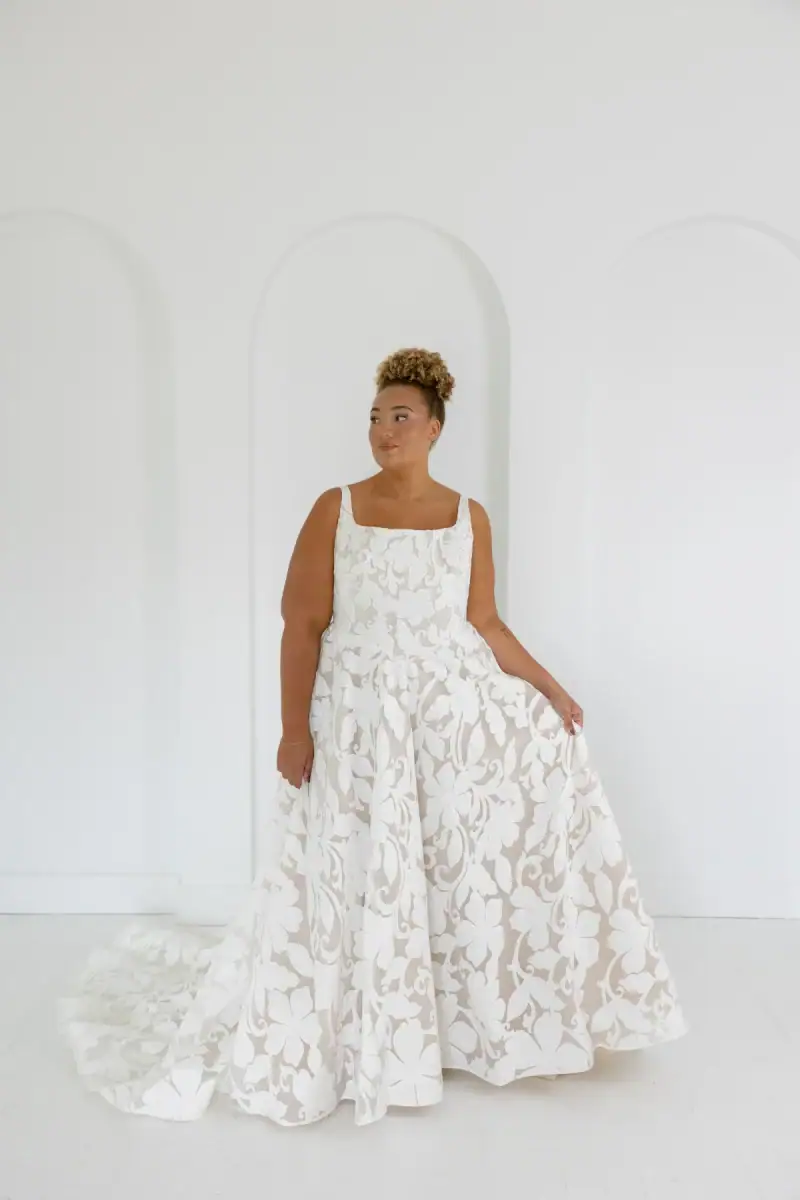 la curve by beccar wedding dress with oversized floral print and square neckline