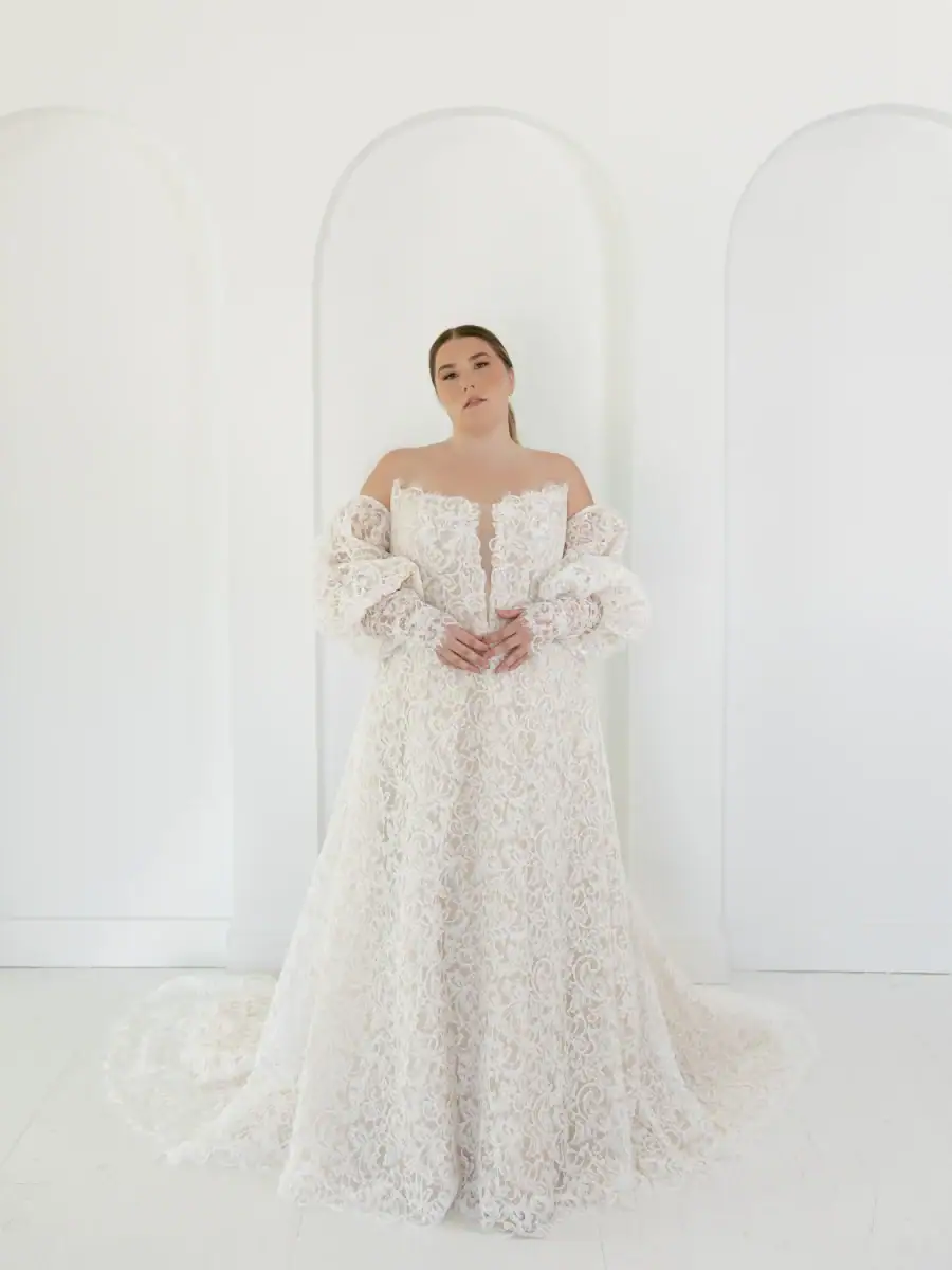 la curve by beccar wedding dress with plunge neckline and matching detached long sleeves