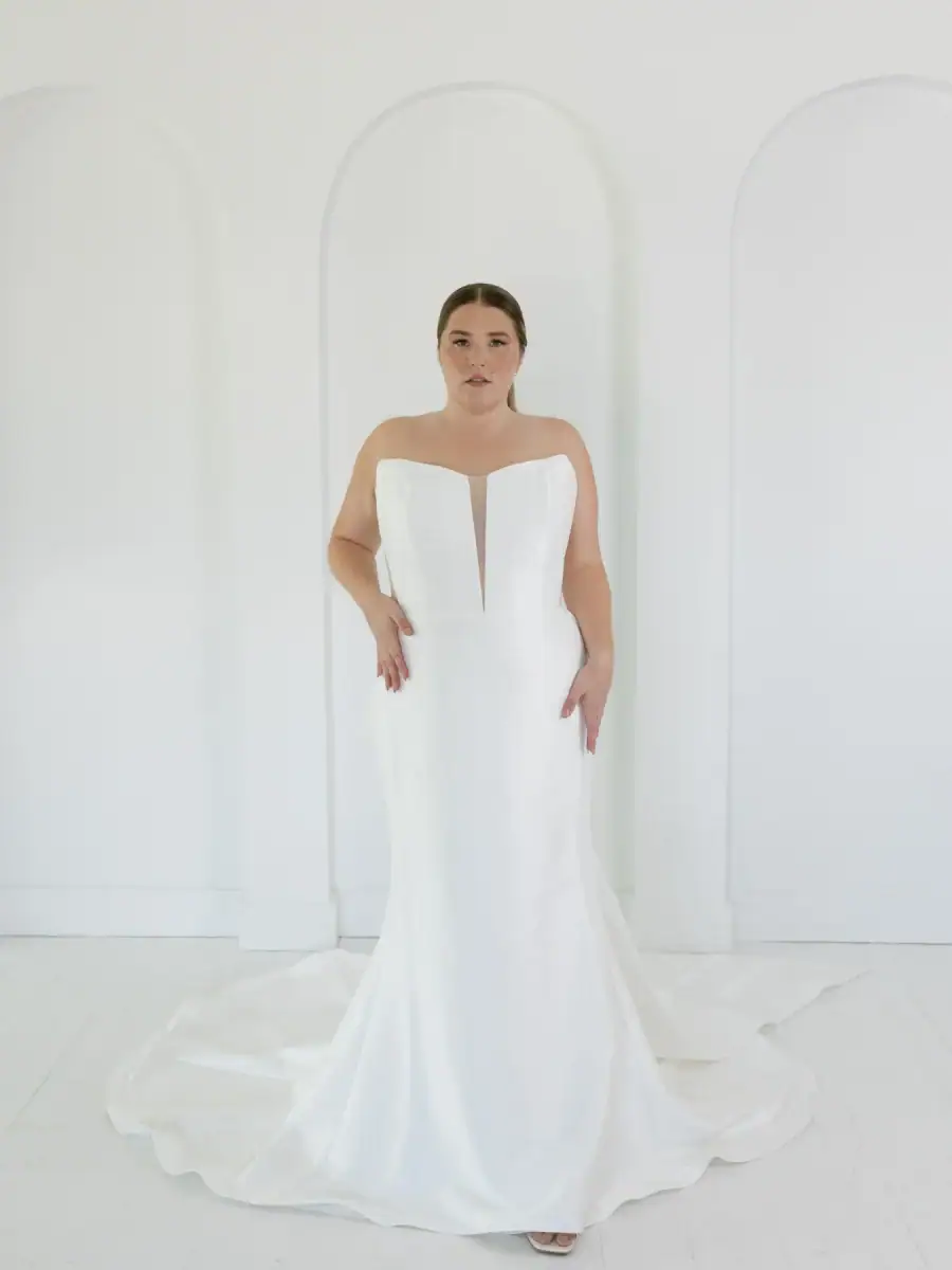 la curve by beccar wedding dress with plunge neckline and strapless bodice