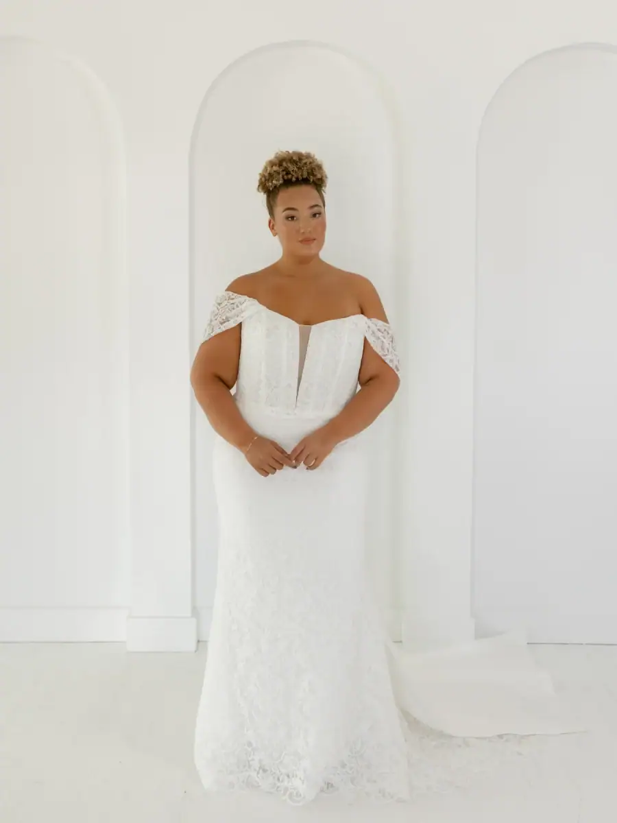 la curve by beccar wedding dress with plunge neckline and off the shoulder straps