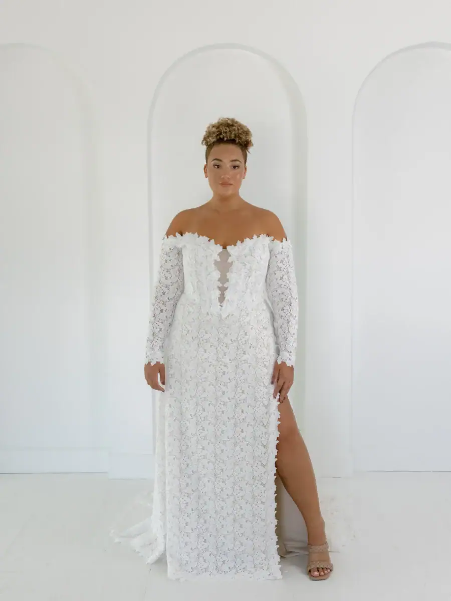 la curve by beccar wedding dress with detailed floral print and off the shoulder long sleeve neckline