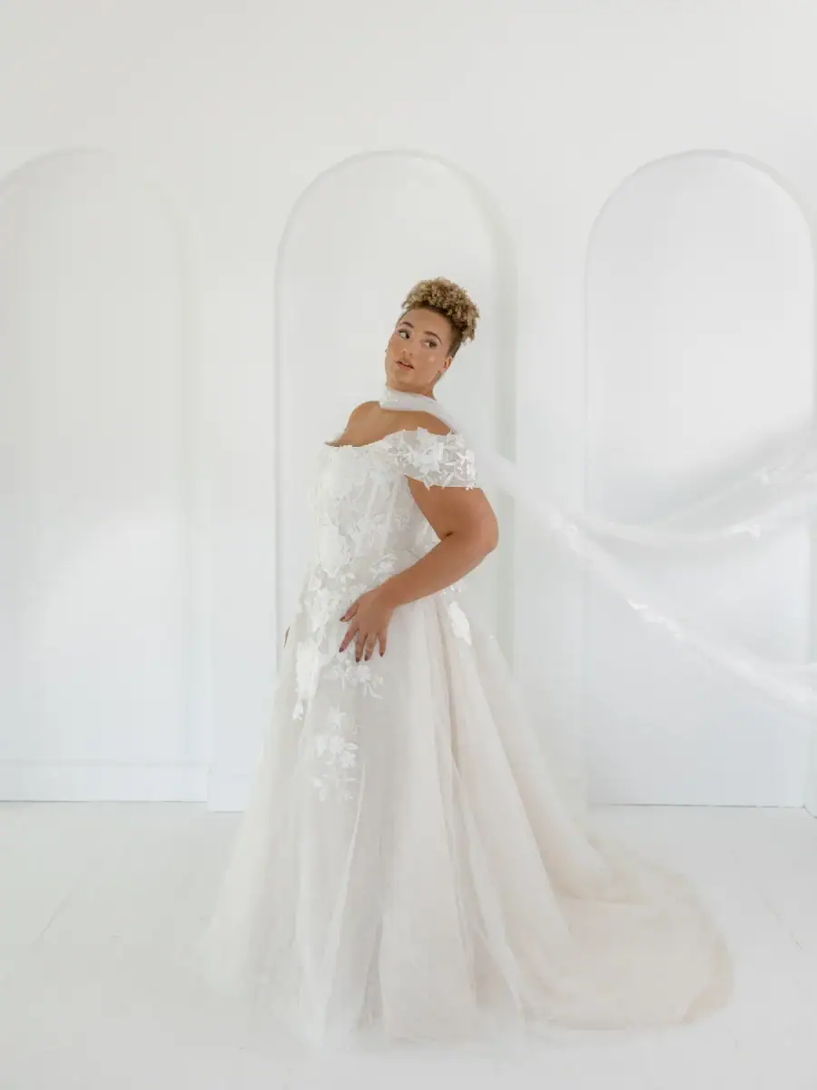 la curve by beccar wedding dress with floral appliques and matching neck scarf