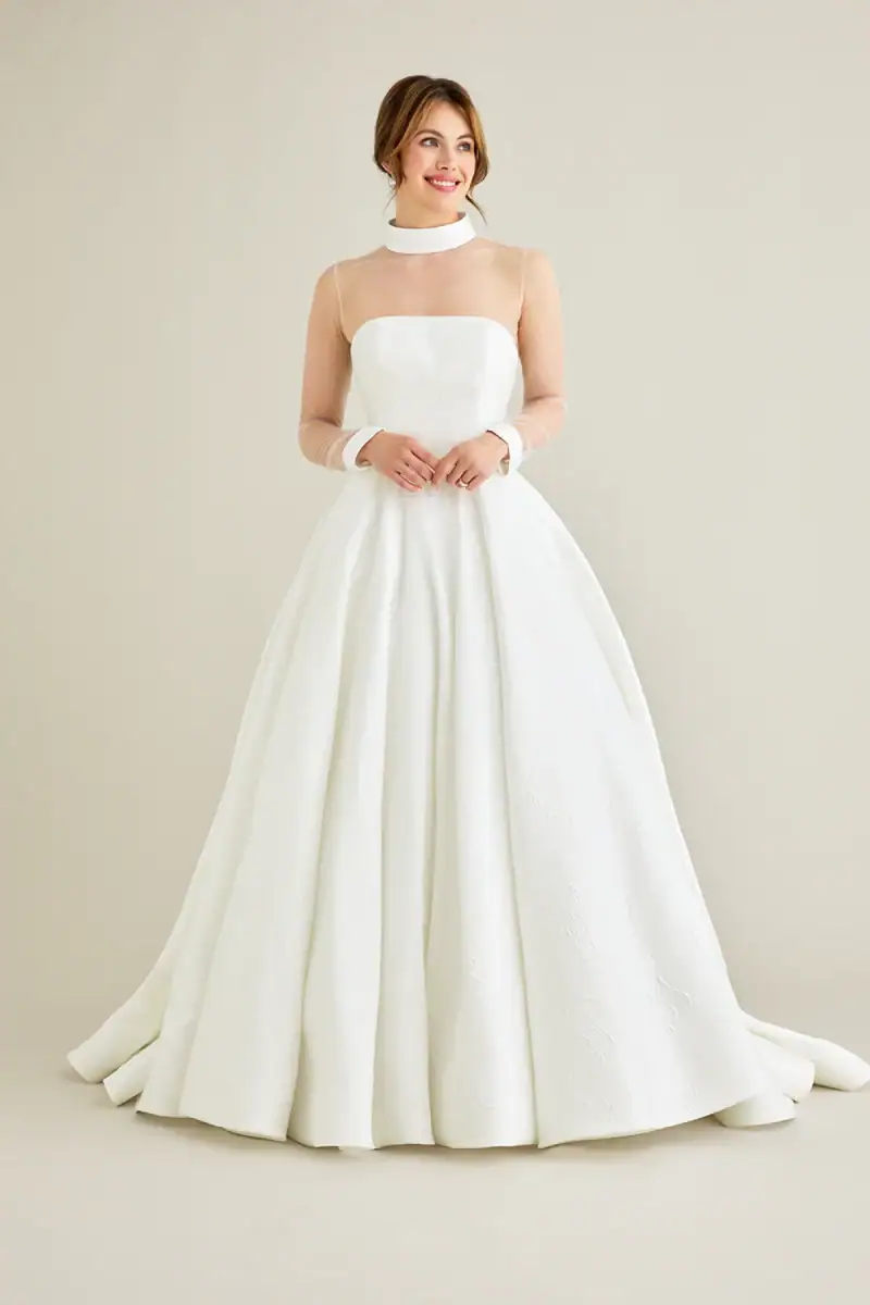 lea-ann belter birdie bridal jacket with sheer long sleeves and high neckline