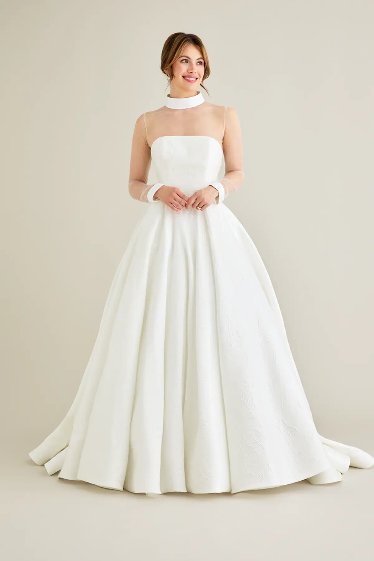 lea-ann belter birdie bridal jacket with sheer long sleeves and high neckline