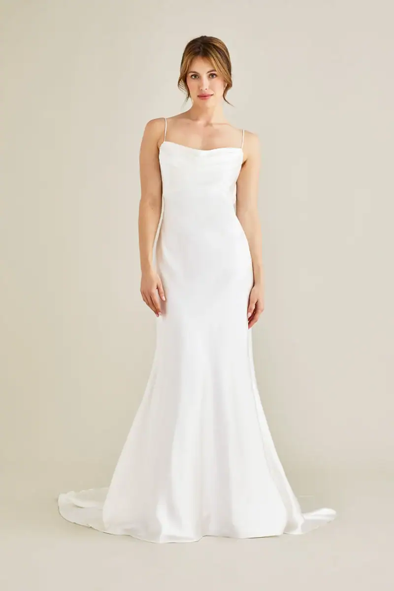 lea-ann belter donna satin fitted wedding dress with scoop neckline and thin straps