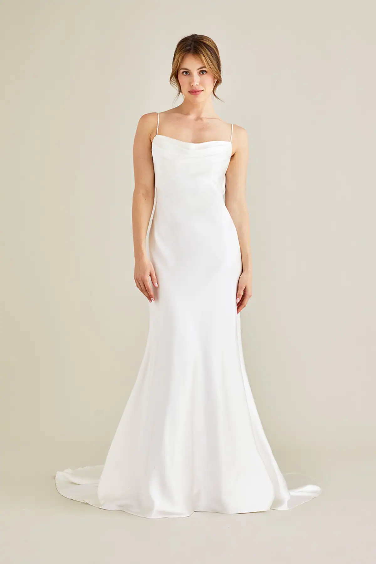lea-ann belter donna satin fitted wedding dress with scoop neckline and thin straps