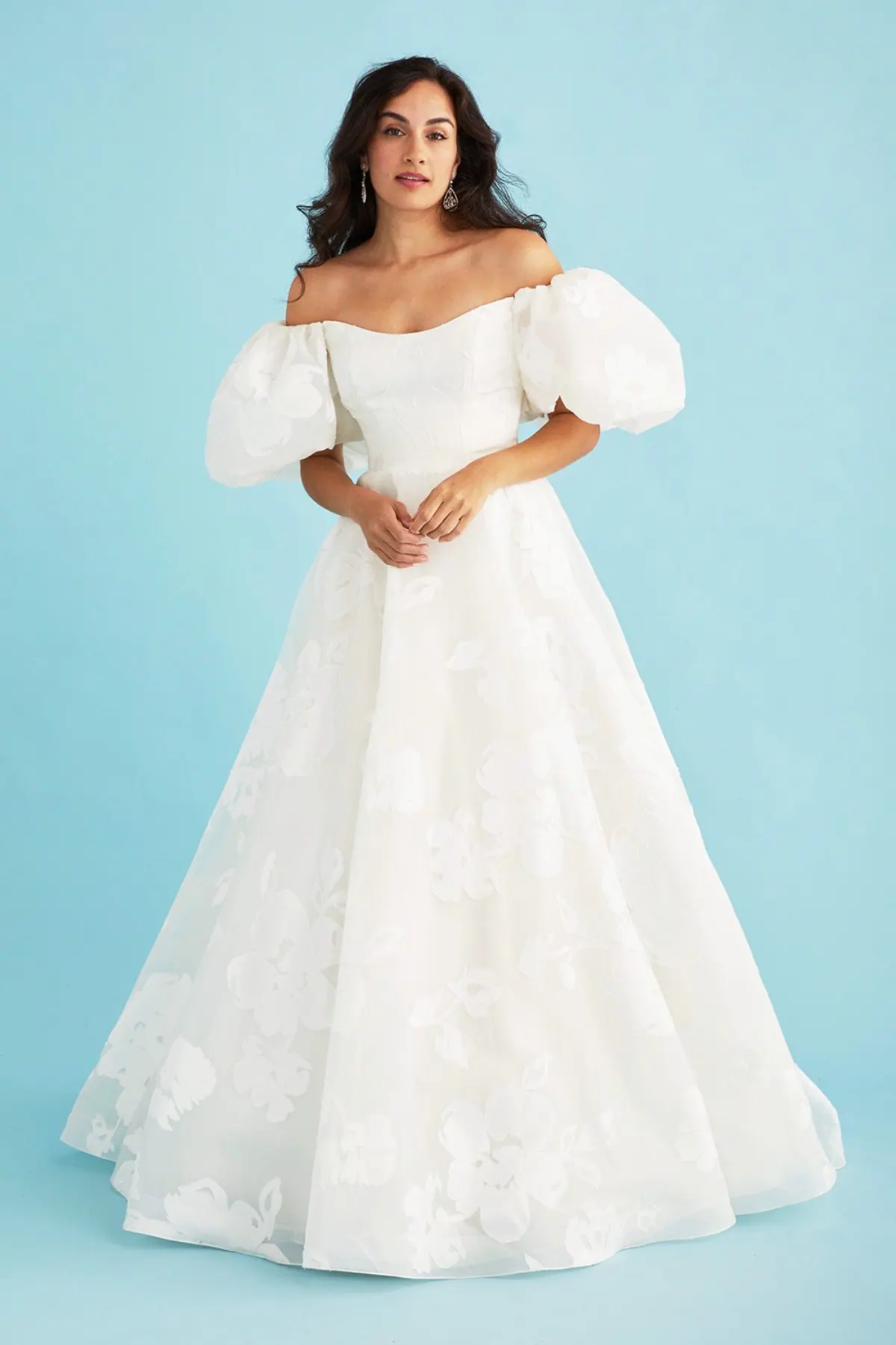 full front of lea-ann belter esperanza ivory jacquard a-line wedding dress with puffed off the shoulder sleeves