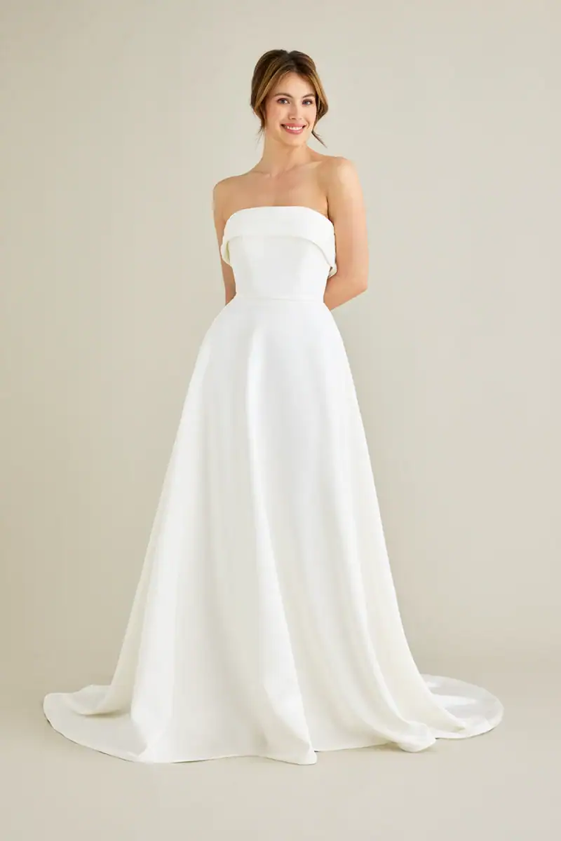 lea-ann belter pamela satin a-line wedding dress with cuff neckline on the strapless bodice and flowy skirt