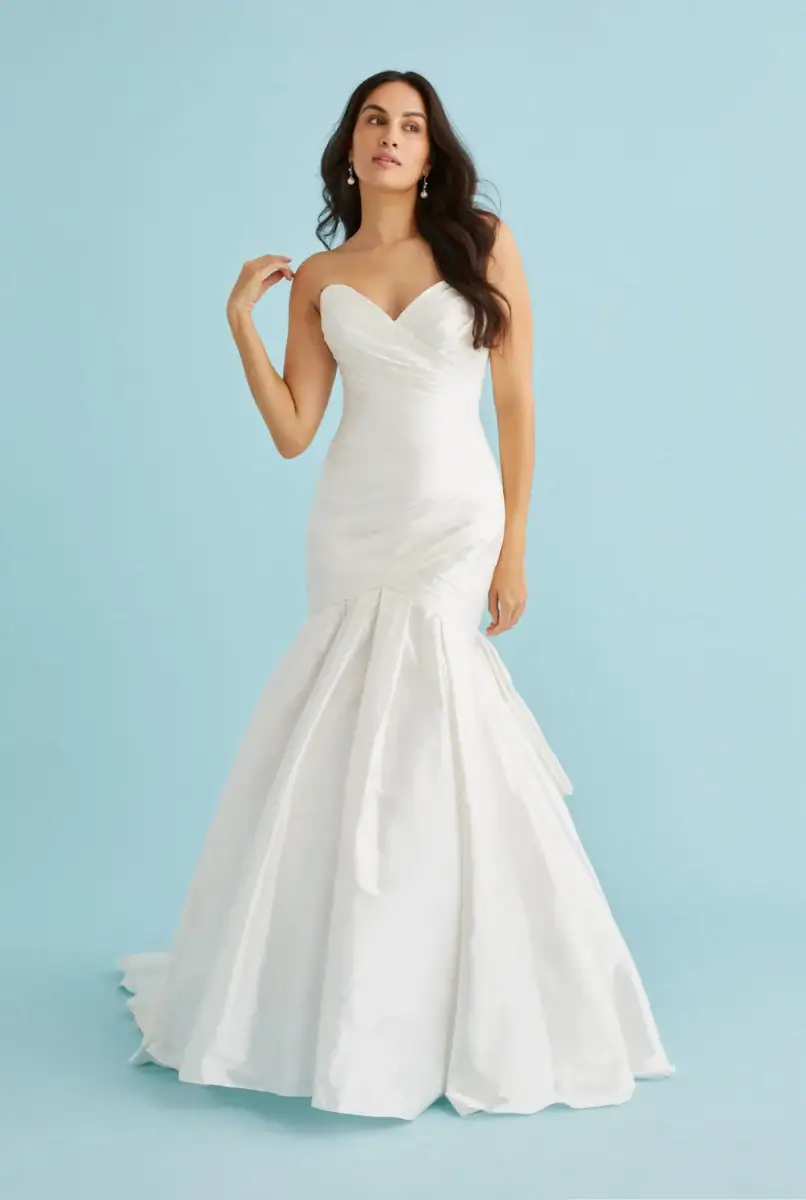 full front of lea-ann belter tamsyn silky fit and flare wedding dress with a strapless sweetheart neckline