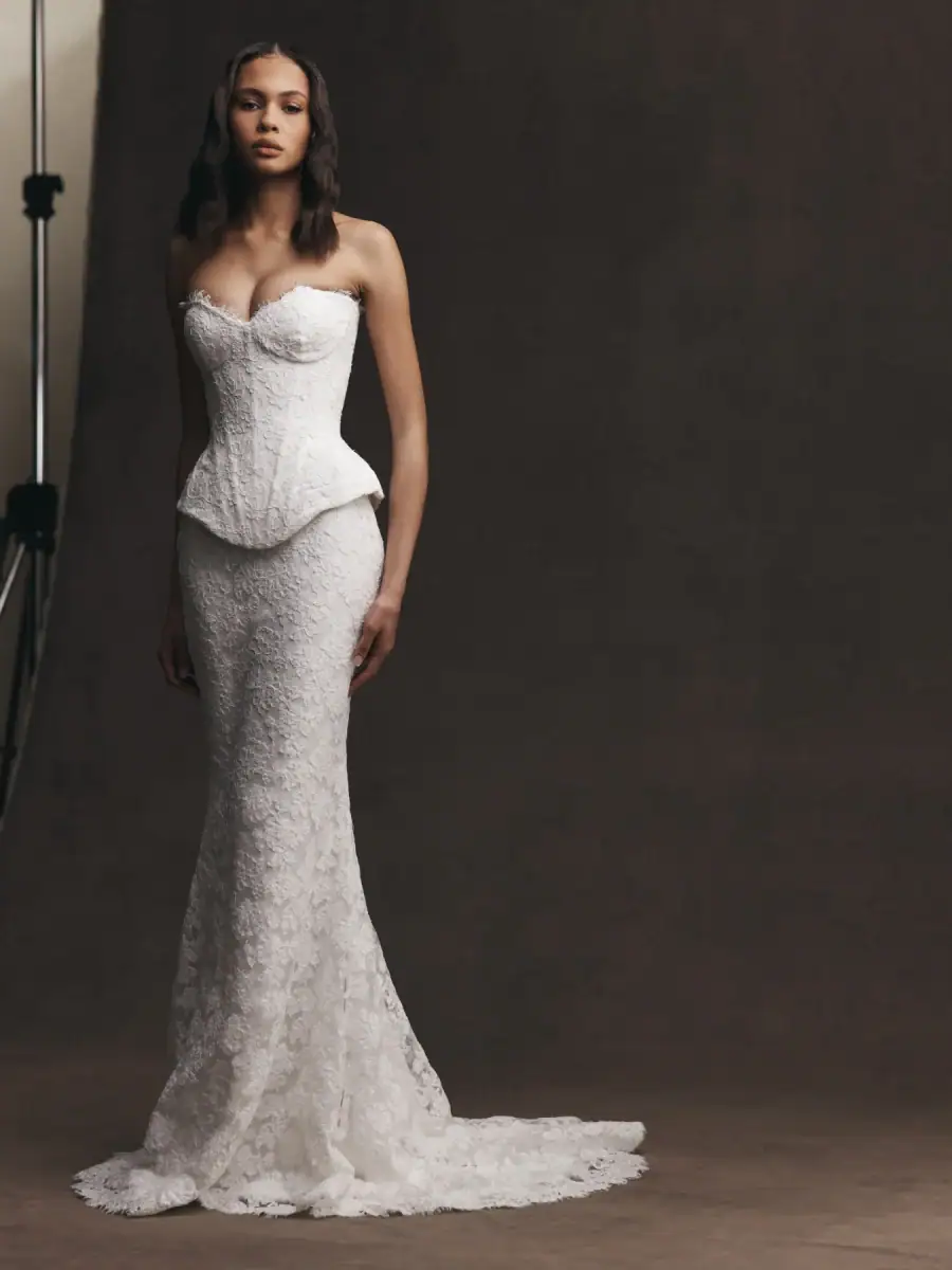 leah da gloria ambrose lace corset with a basque waist and sweetheart neckline, with a matching skirt