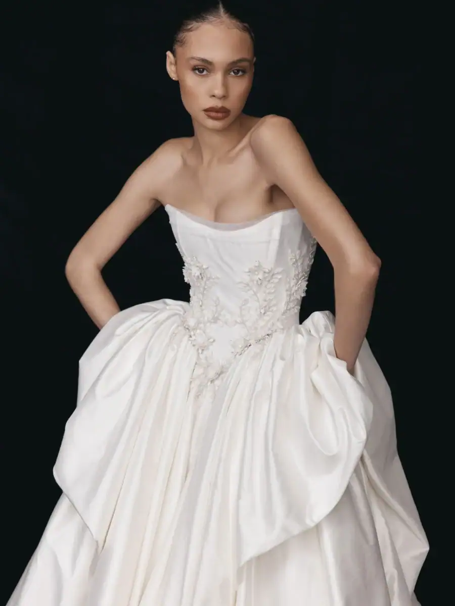 leah da gloria katya satin ball gown wedding dress with a basque waist and pearl accents on the bodice