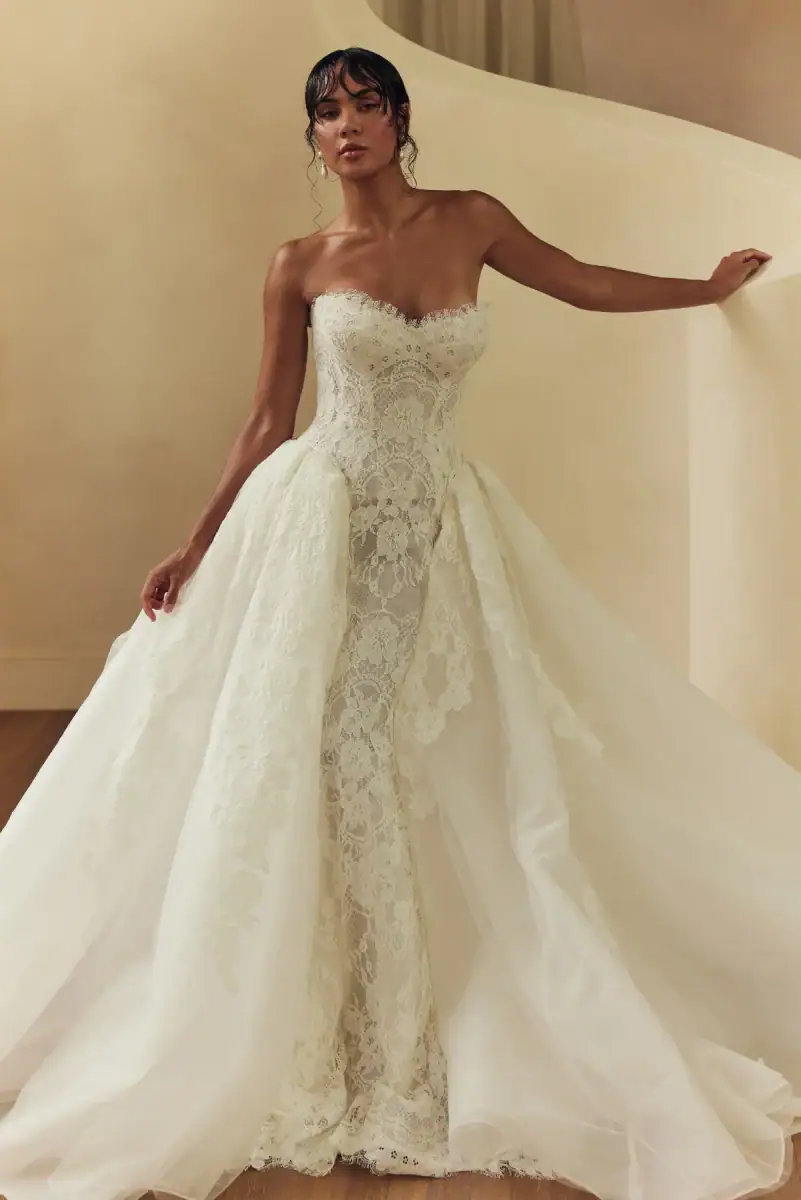 lace fit n flare wedding dress with matching ball gown overskirt
