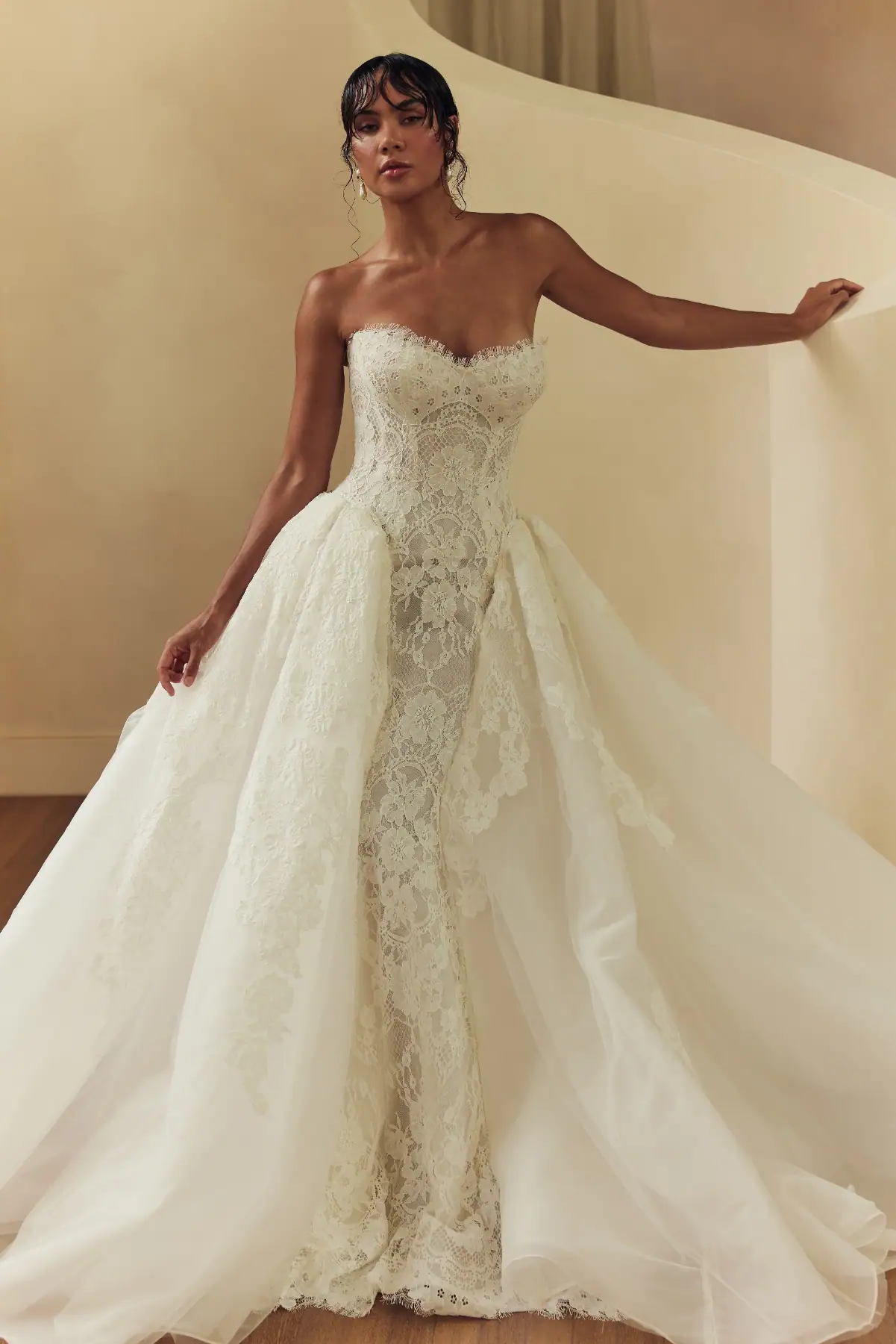 lace fit n flare wedding dress with matching ball gown overskirt