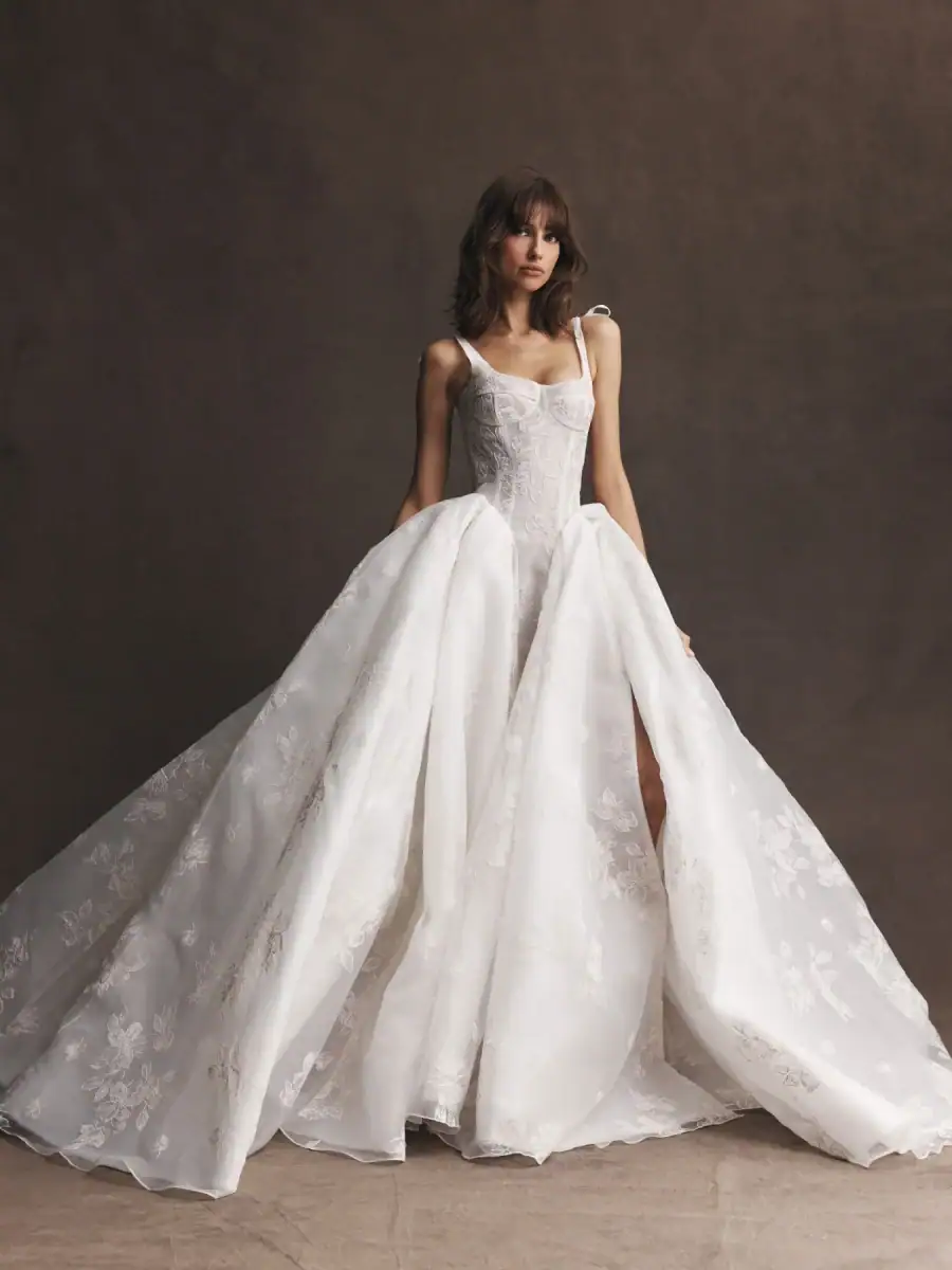 leah da gloria sabrina organza ball gown wedding dress with basque waist and floral motifs throughout