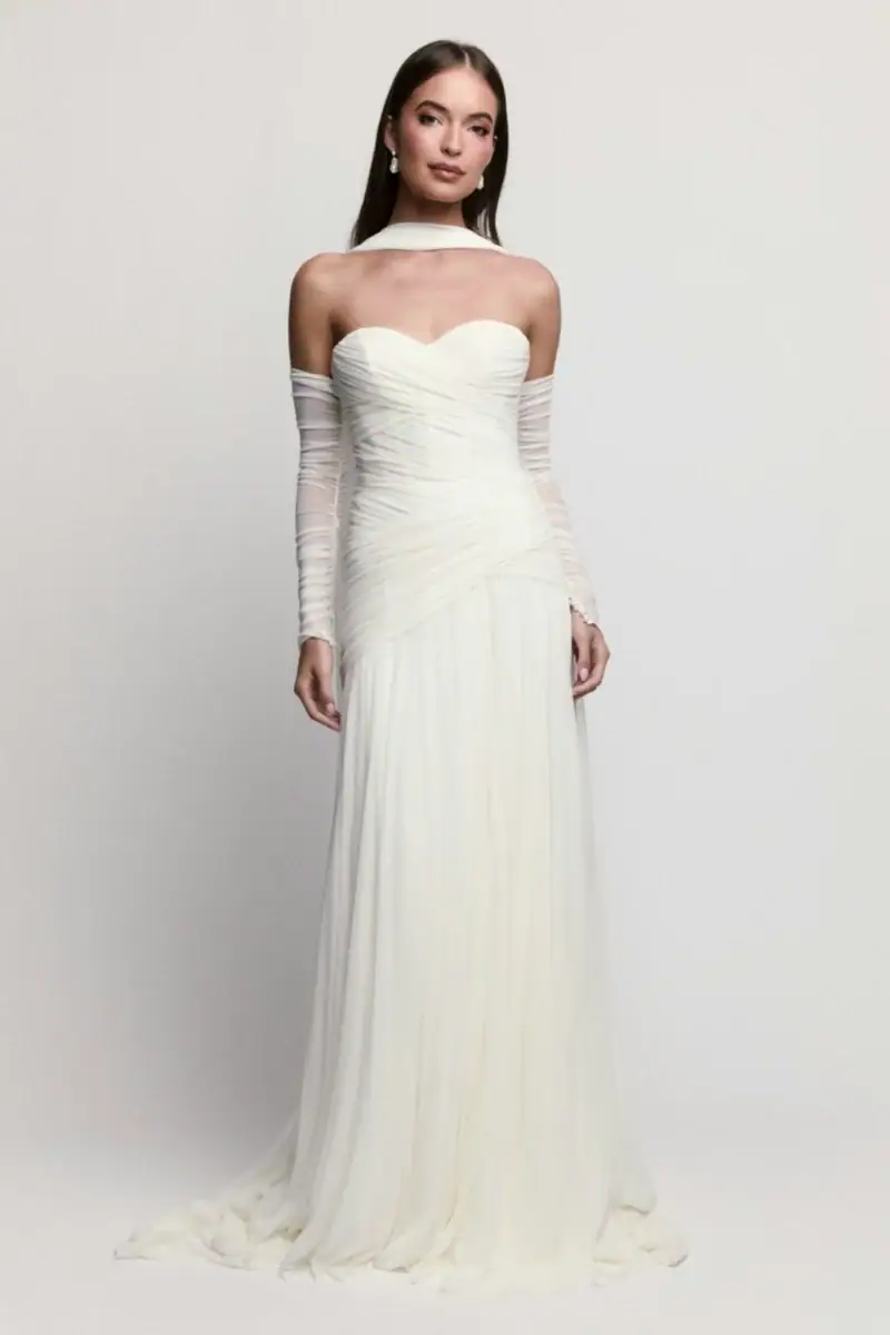 full front of locket by watters beck ivory chiffon wedding dress with a matching scarf and sleeves