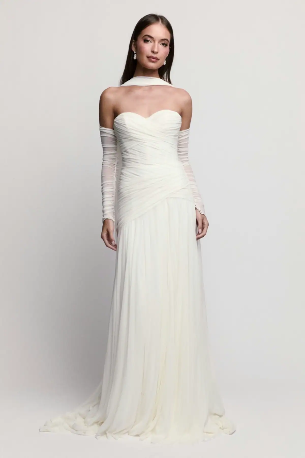full front of locket by watters beck ivory chiffon wedding dress with a matching scarf and sleeves