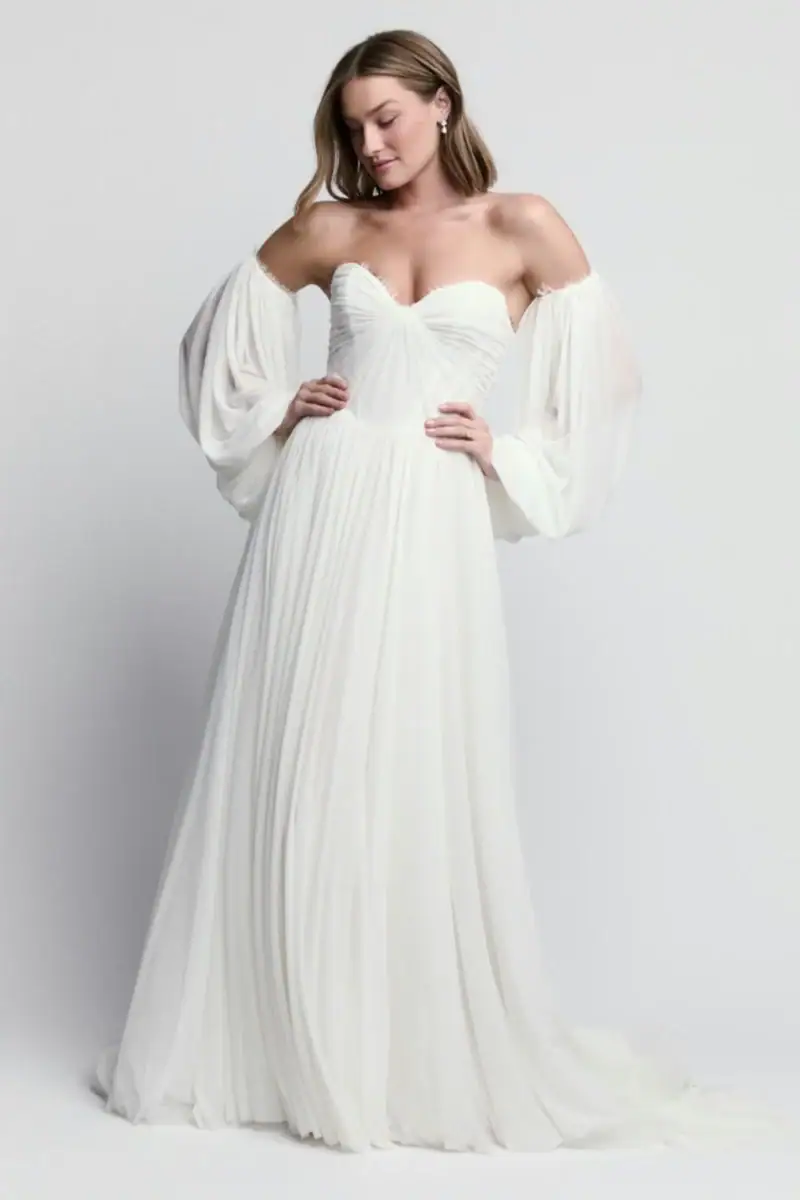 full front of locket by watters chantal ivory chiffon a-line wedding dress with matching long draped sleeves