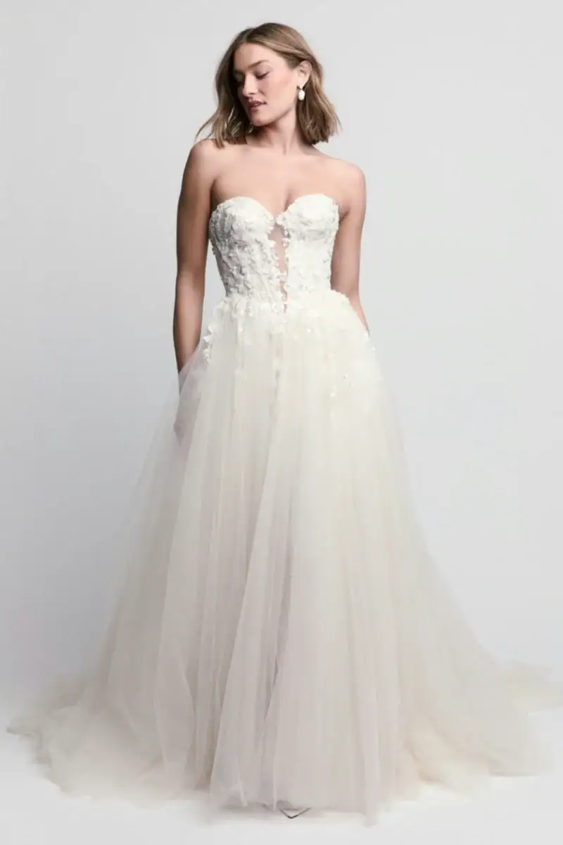 full front of locket by watters perley ivory tulle a-line wedding dress with cascading lace appliques and a plunge neckline