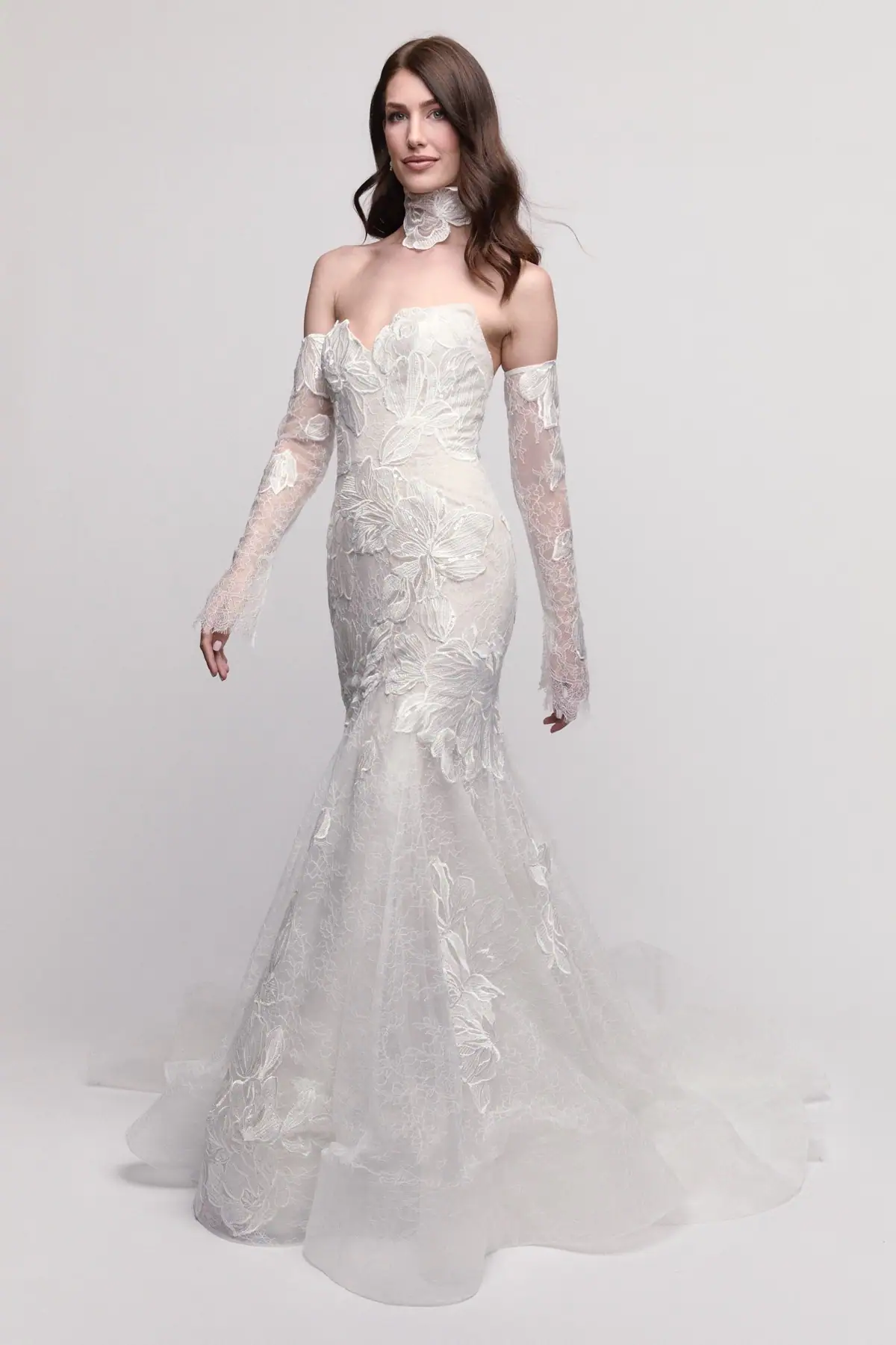 Lace fit and flare wedding dress with matching detached long sleeves