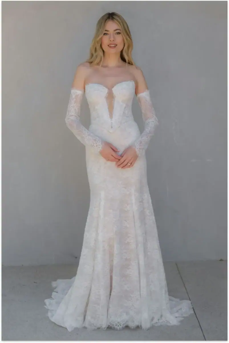 wtoo by watters lace fit n flare wedding dress with matching long sleeves