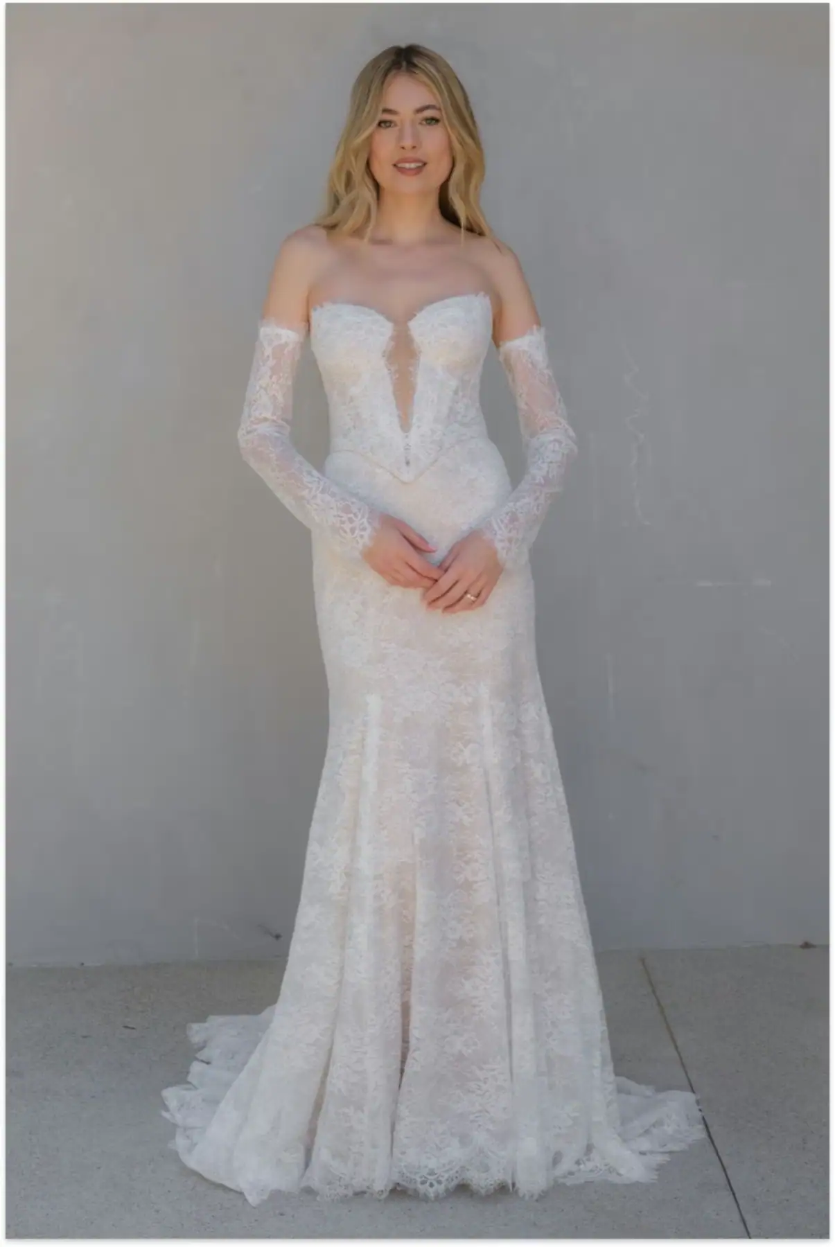 wtoo by watters lace fit n flare wedding dress with matching long sleeves