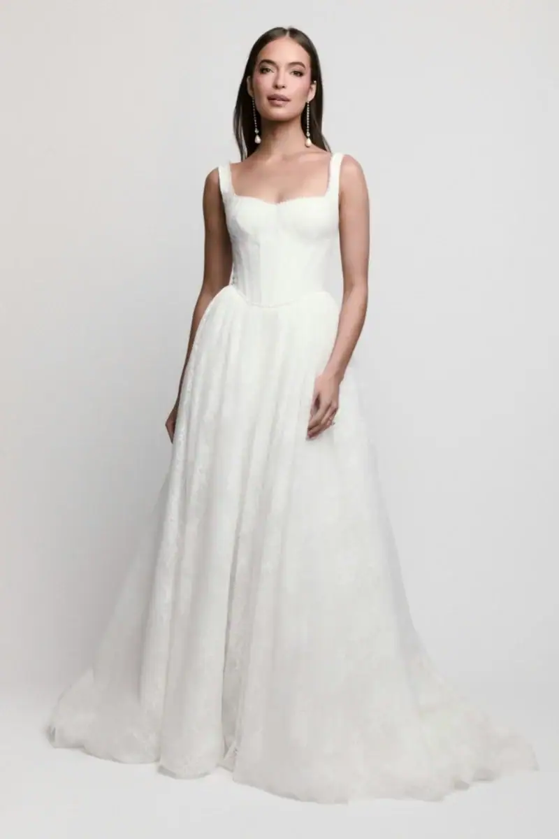 full front of locket by watters clover lace drop waist wedding dress with a sweetheart neckline