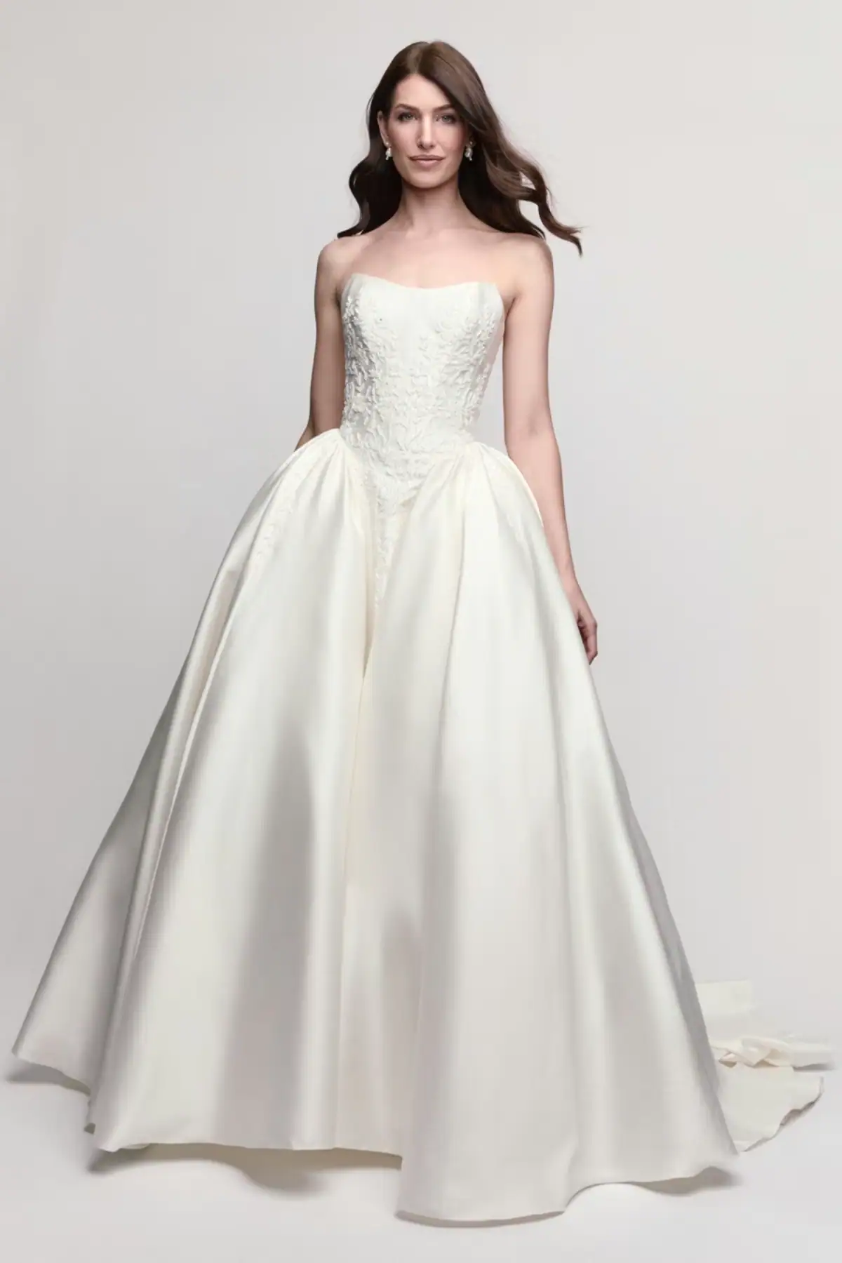 mikado ball gown with basque waist and embroidery on the bodice