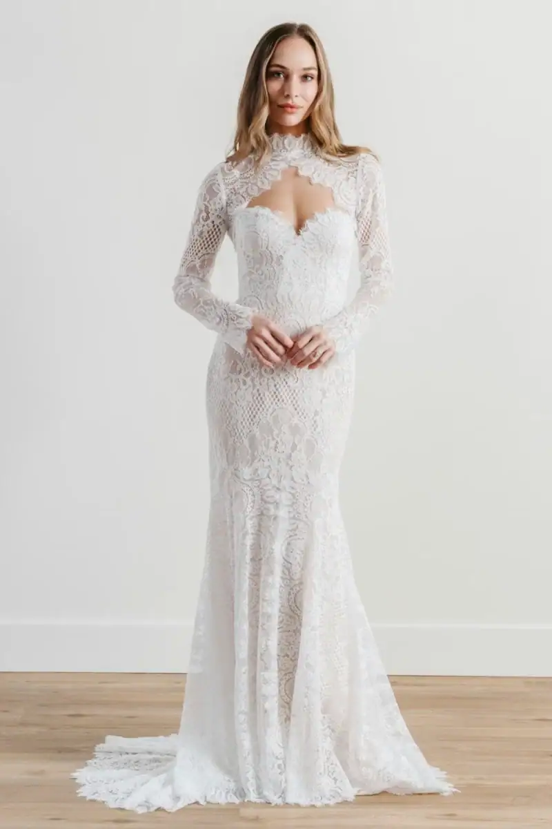 wtoo by watters lace sheath wedding dress with matching long sleeves
