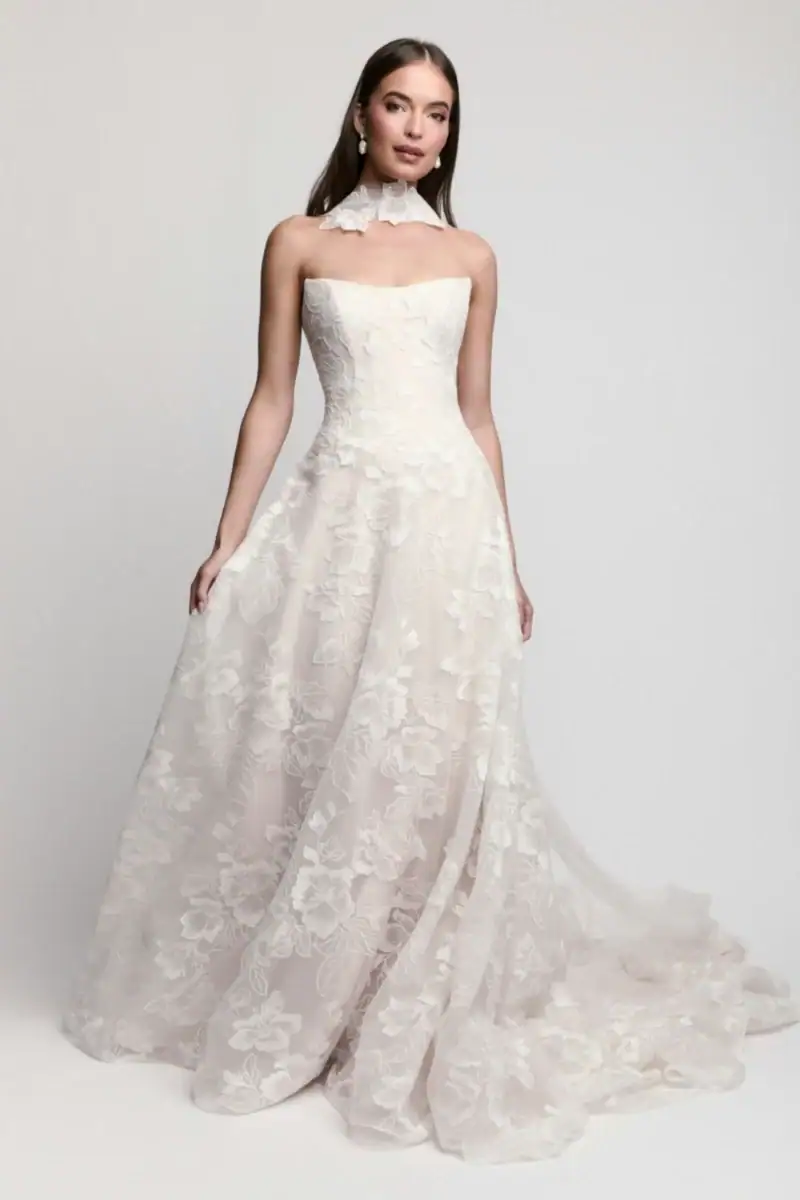 full front of locket by watters fonteyn ivory lace a-line wedding dress with a basque waist and matching neck scarf